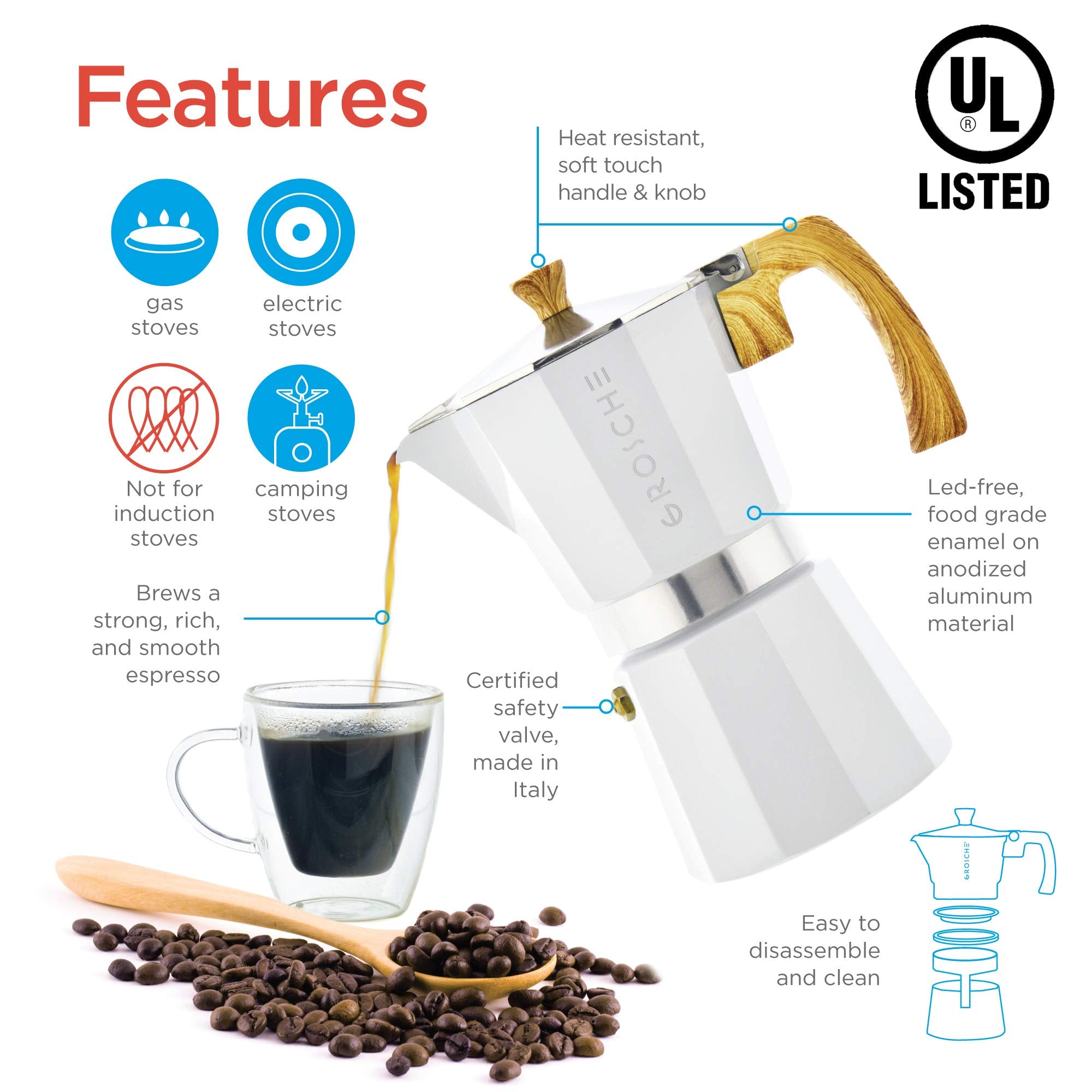 Grosche Milano Moka Stovetop Espresso Coffee Maker (3 Cup / 150 Ml, White)