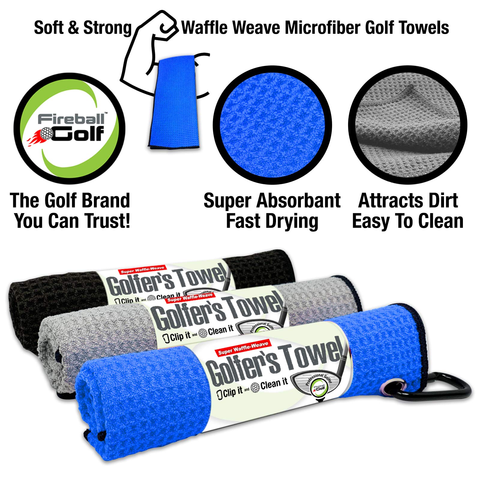 US Based Fireball Golf - Towel Gift and Accessories Set (blue  grey and black) - 3 golf towels  golf divot tool  ball marker  and golf cleaning brush  golf gifts for men  women  children