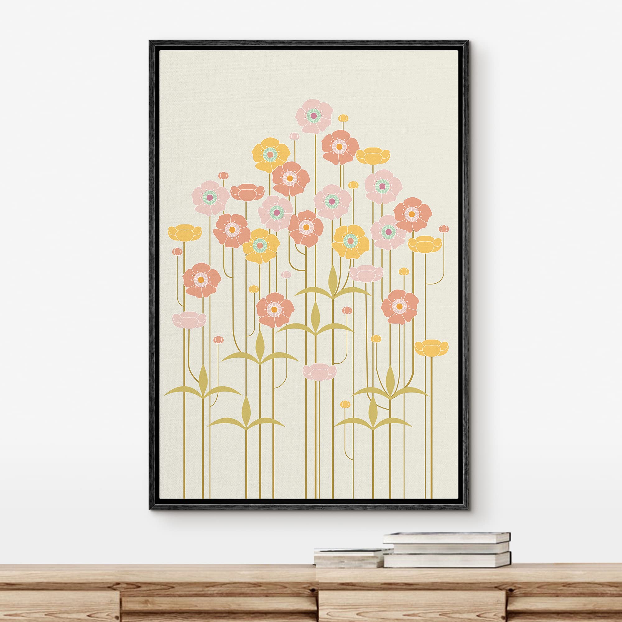 NWT Framed Canvas Print Wall Art A Bouquet of Pink  Orange and Yellow Daisies Floral Plants Illustrations Modern Art Chic Group Colorful Ultra for Living Room  Bedroom  Office - 24''x36'' Black