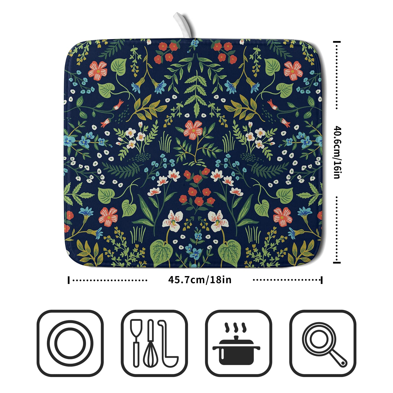 Flower Floral Dish Drying Mat 18X24 Inch Microfiber Navy Blue Drying Mats With Hanging Loop Absorbent Green Leaves Dish Drainer