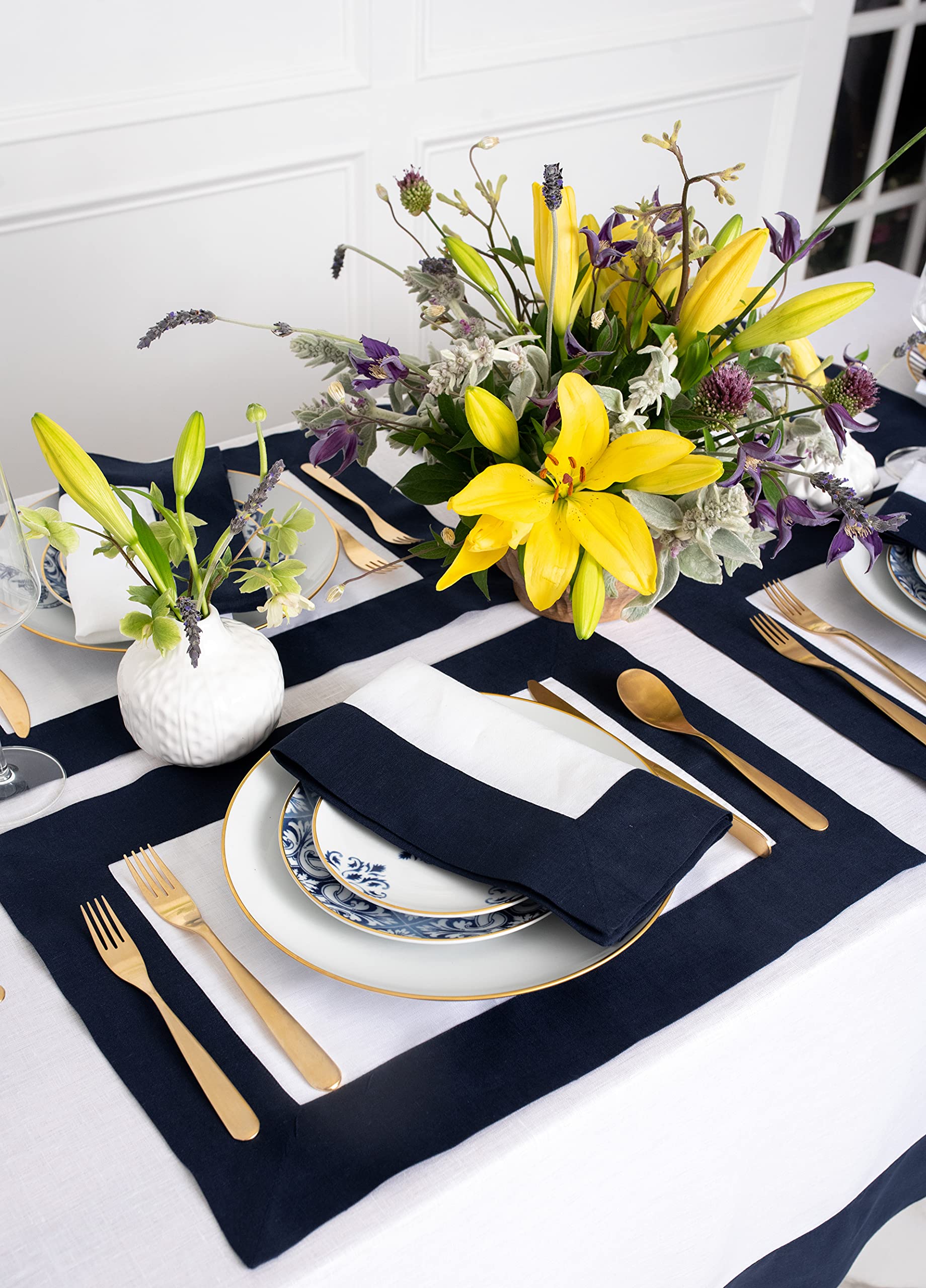 Solino Home Linen Table Runner Navy and White - 100% Pure Linen 14 x 108 Inch Table Runner for Spring  Summer  Memorial Day - Handcrafted from European Flax and Machine Washable - Contempo