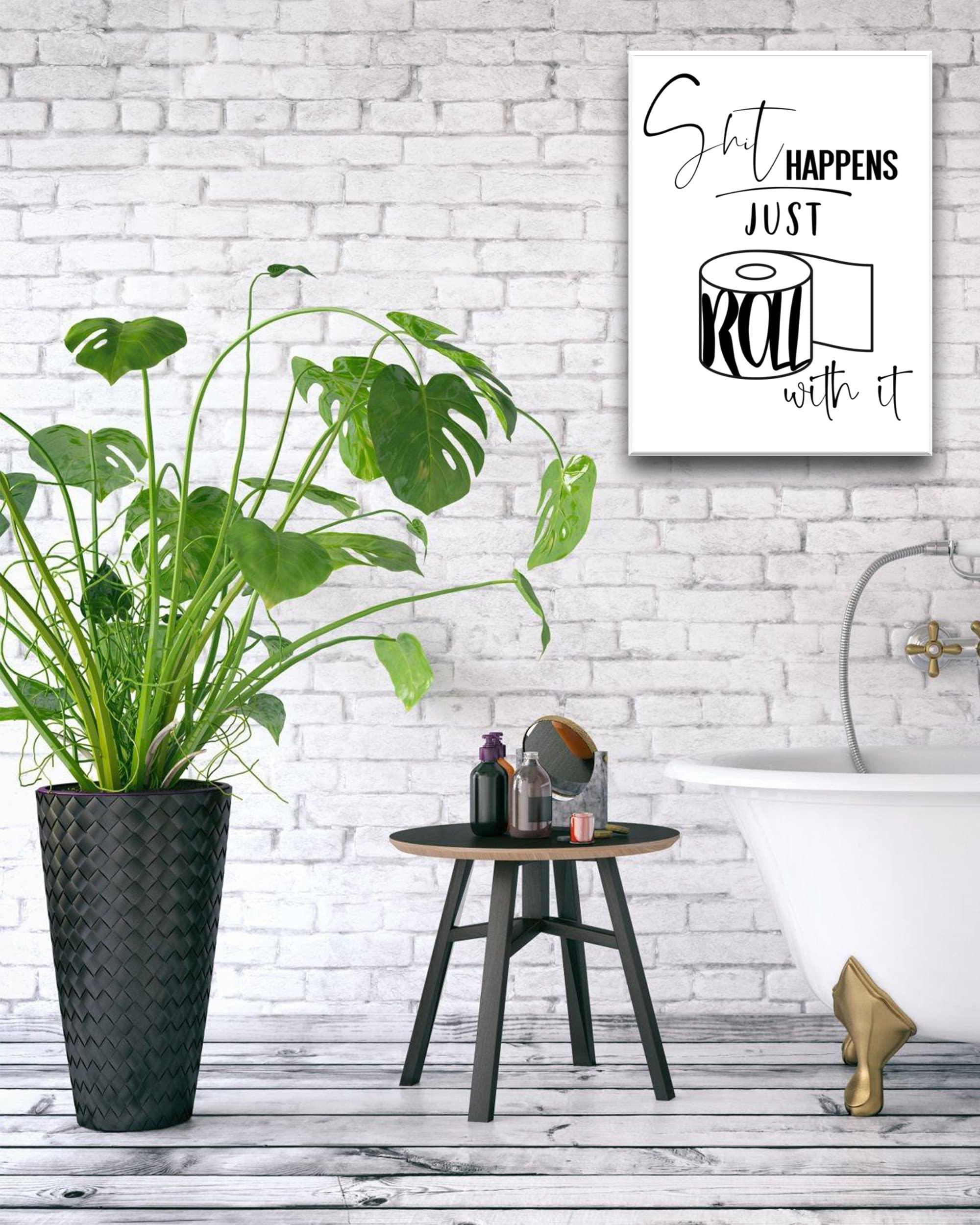 UPWOIGH Funny Bathroom Wall Art Decor  Black and White Toilet Paper Wall Art  Waterproof Wood Framed Canvas Wall Art  Downstairs Toilet Humor Abstract Prints  12x16in Pictures 1 Pack