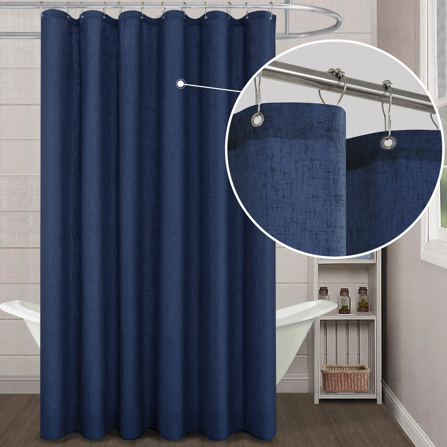 Koufall Navy Blue Shower Curtain For Bathroom,Fabric Linen Ocean Themed Nautical Shower Curtain Set With Hooks,72 Inch,Dark Blue