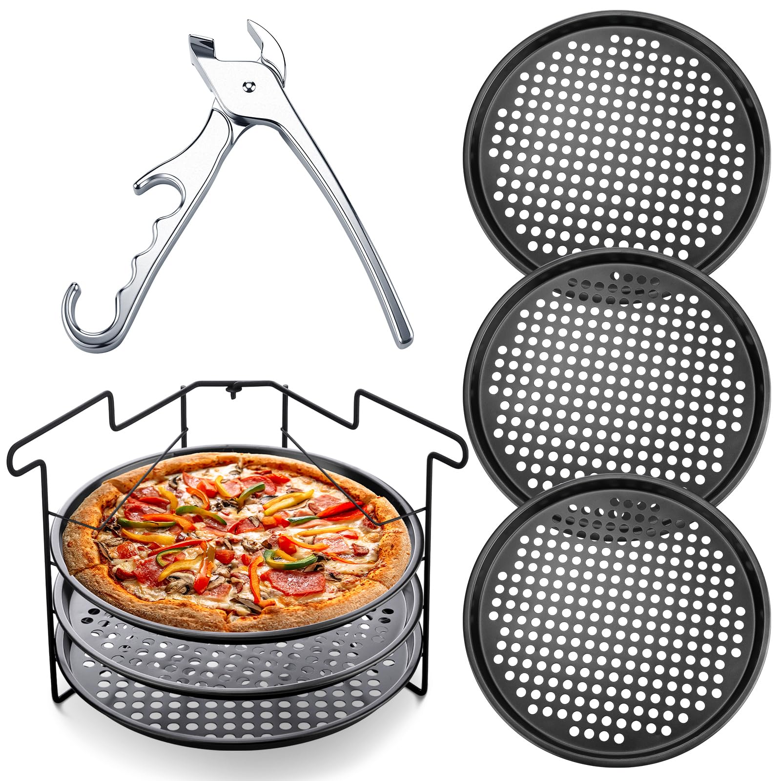 Maxdot 5 Pcs Pizza Baking Tray Set 3 Pcs 12.6 Perforated Pizza Pans with Holes 1 Folding Pizza Rack Non Stick Pizza Stand 1 Piz