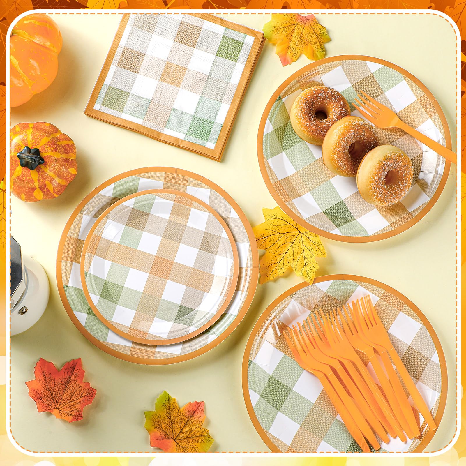 Honeydak 96 Pcs Fall Orange Plaid Party Supplies Thanksgiving Paper Plates and Napkins Fork Autumn Disposable Dinnerware Set Fal