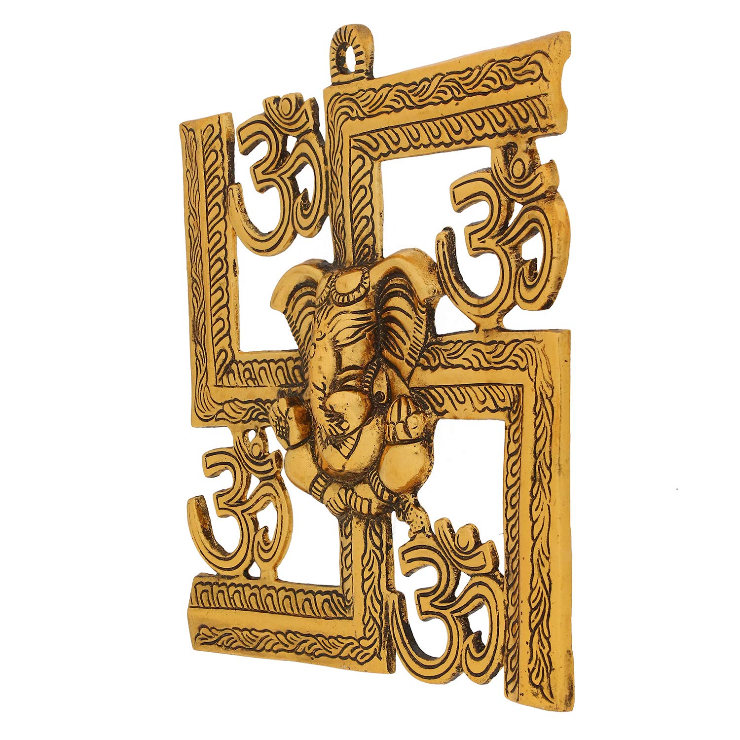Ecraftindia Lord Ganesha On Om Swastik Metal Golden Wall Hanging