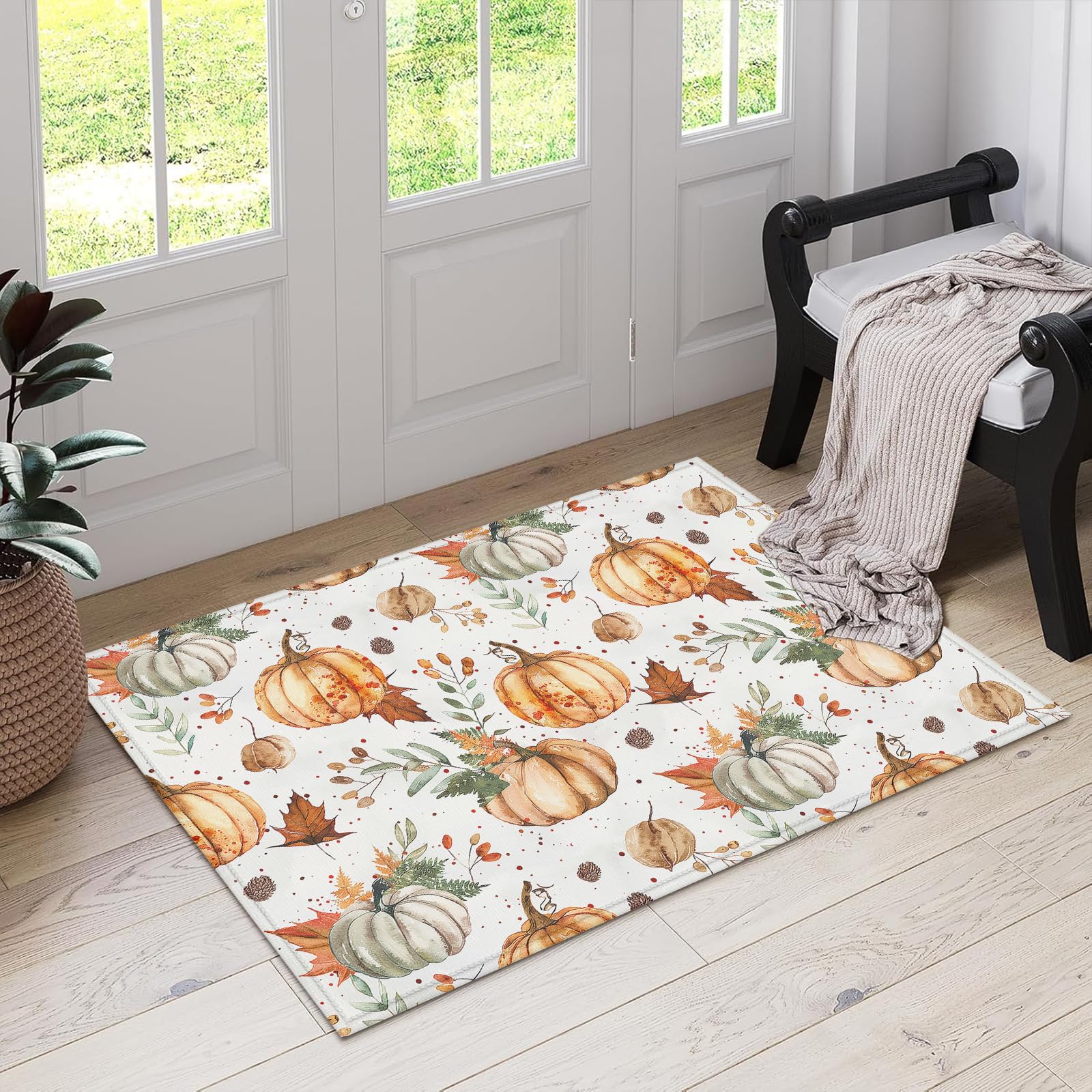 Fall Pumpkin Leaves Indoor Door Mat, Outdoor Entrance Doormat for Entryway Kitchen Bathroom 17 X 29 Inch