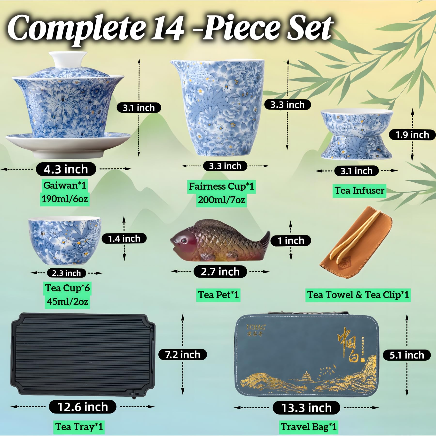 ICHAG Chinese Tea Set, Gongfu Tea Sets for Adults, Asian Gaiwan Teaset, 14-Piece Yangzhi Jade (?????) with Suspended Gaiwan & Te