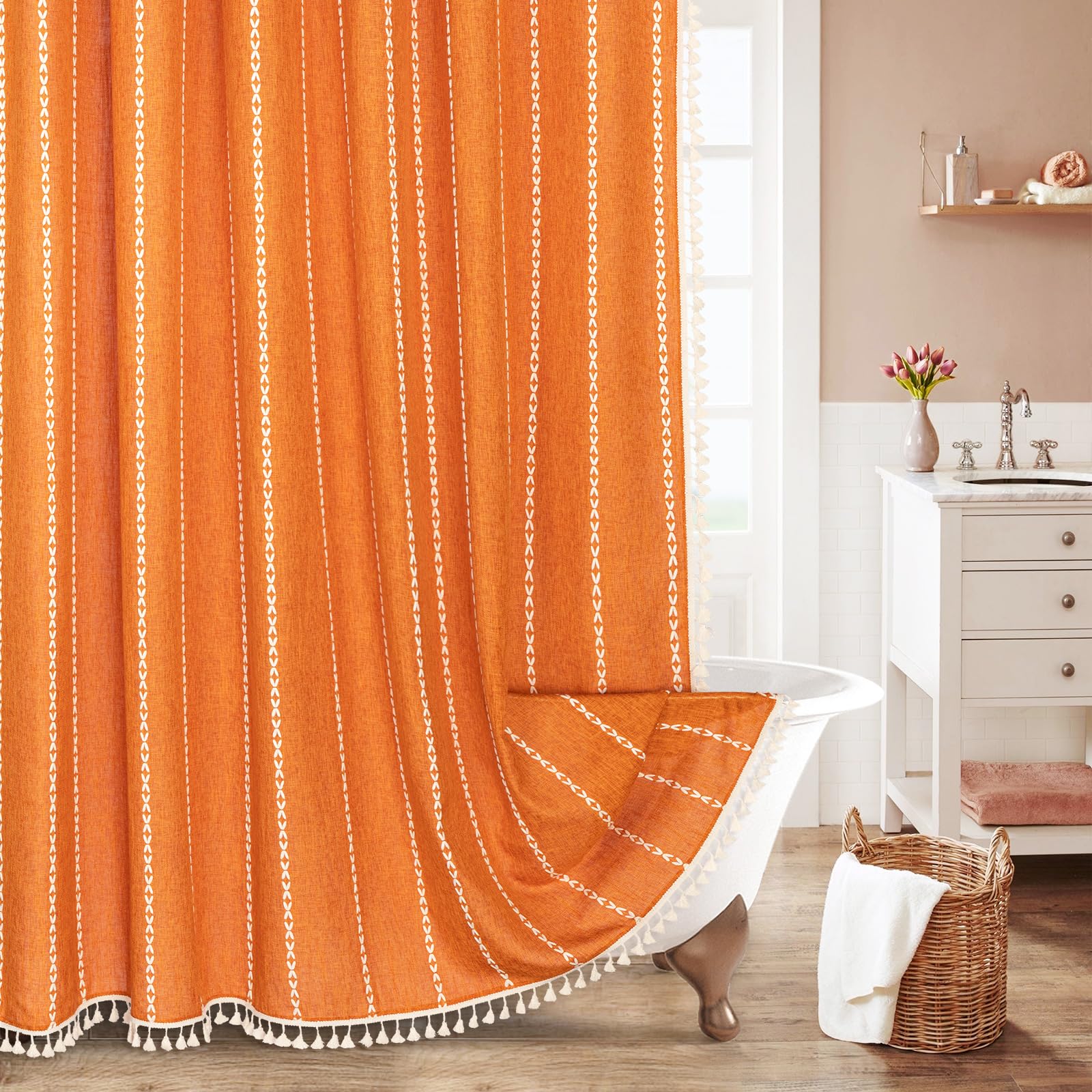 Mitovilla Boho Extra Long Shower Curtain 72 X 84, Orange 84 Inch Xl Cotton Linen Tassel Fabric Shower Curtain Set With Hooks For