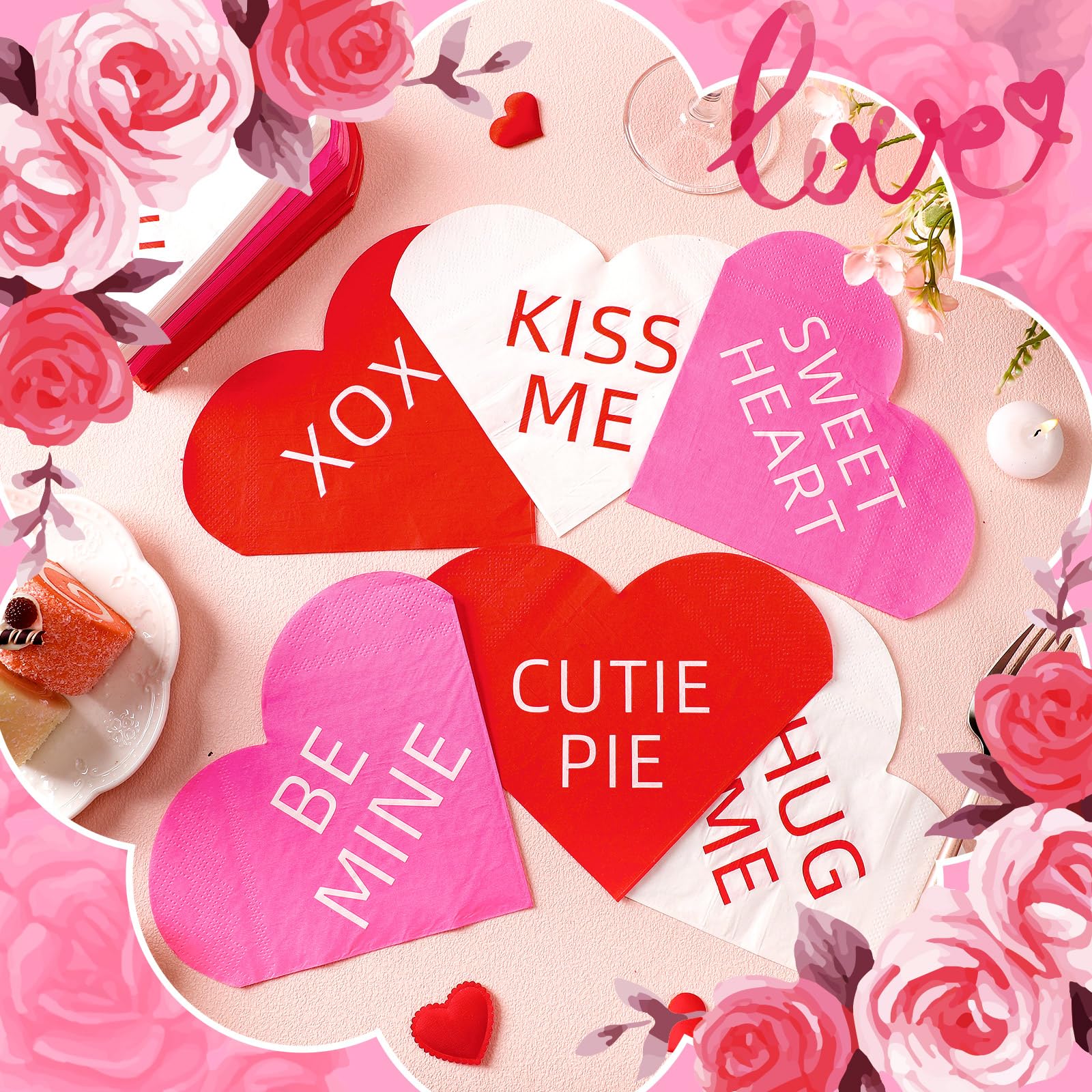 Crtiin 180 Pcs Valentine'S Day Heart Shaped Paper Napkins Valentine'S Day Heart Napkins Disposable Red White Pink Guest Hand Tow
