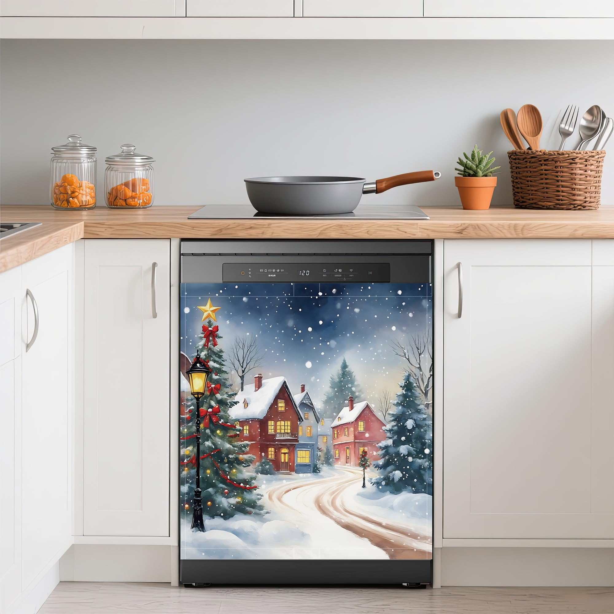 Dishwasher Magnets Decorative Cover,Winter Houses Refrigerator Magnet Cover,Washable Christmas Tree Dishwasher Front Panel Cover