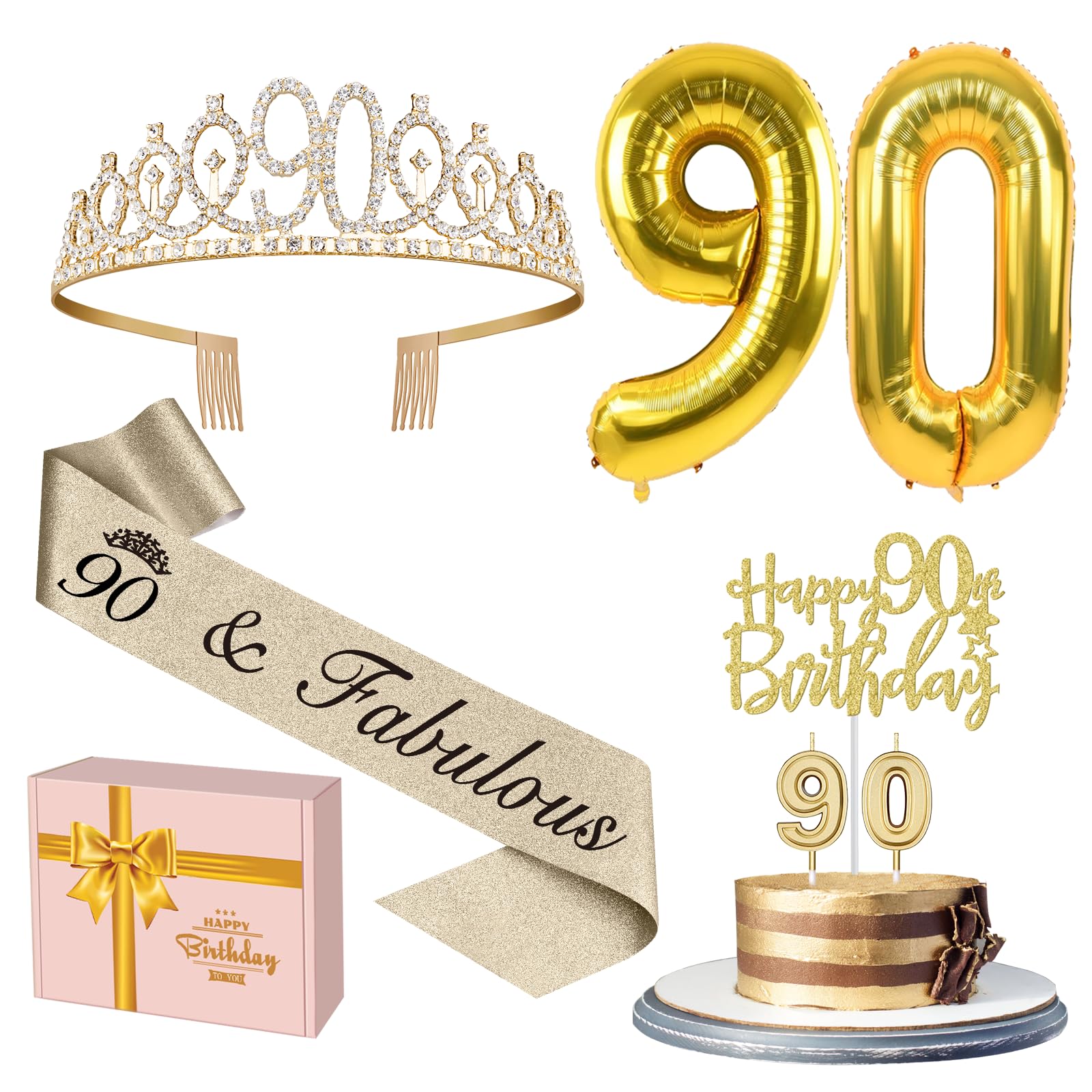 90Th Birthday Decorations For Women Gold With 90Th Birthday Sash And Tiara, 90Th Birthday Cake Topper And 90 Candles, Big 90 Bir