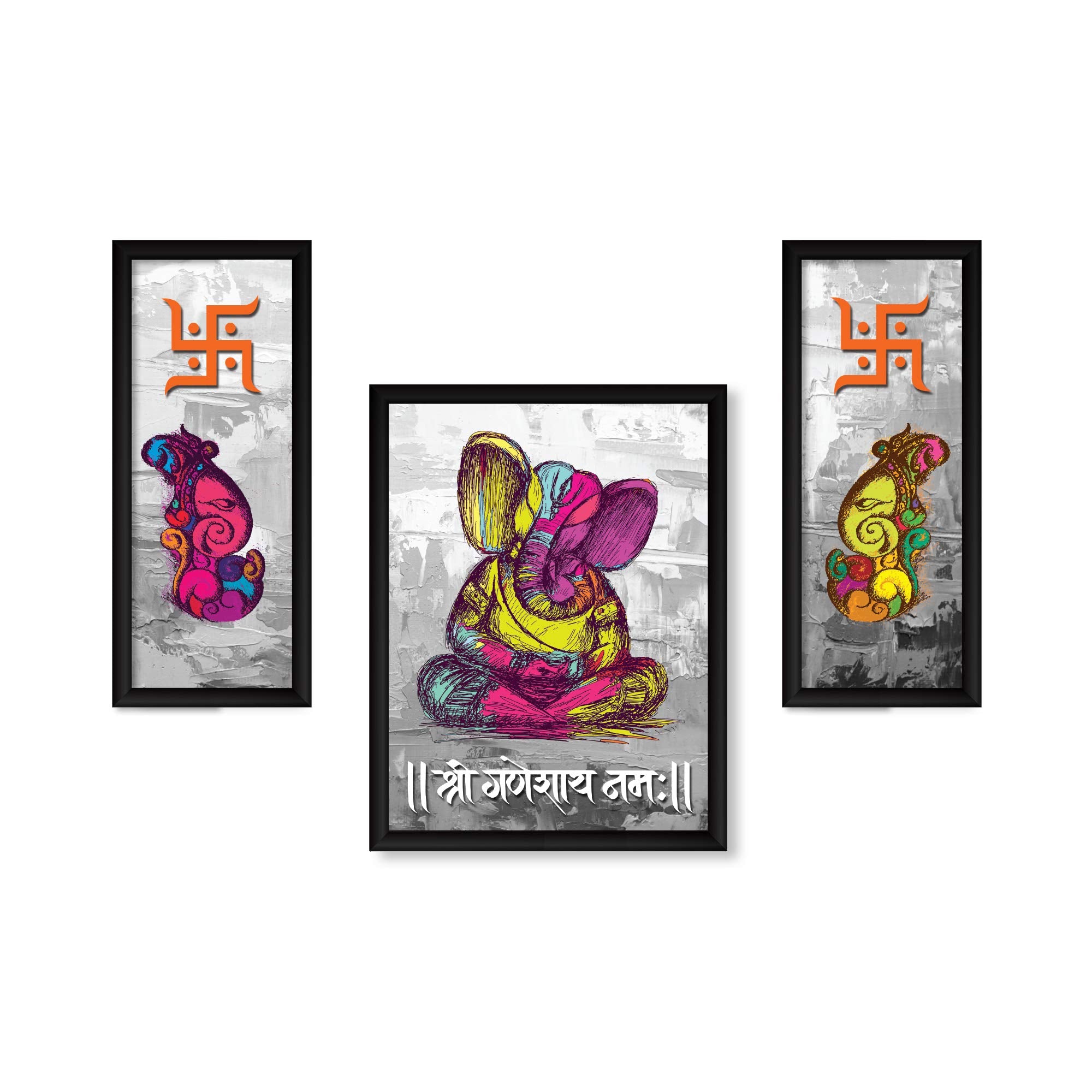ArtX Paper God Ganeshji Swastika Photo Frame for Wall Art Painting, Multicolor, Abstract, 13 X 22 Inches, Set of 3