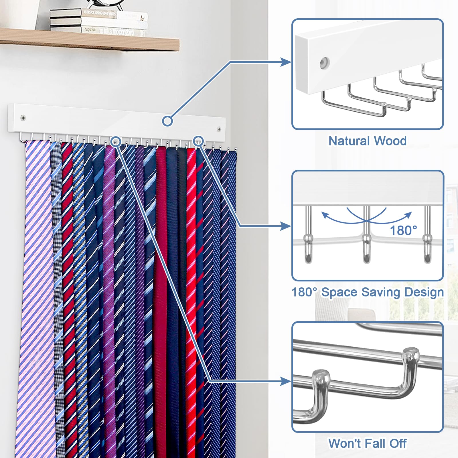 Tie Rack Wall Mounted Belt Hanger, 360 Rotating Tie Hanger Belt Organizer 20 Storage Hooks For Belt, Ties, Purse, Scarves, Tank
