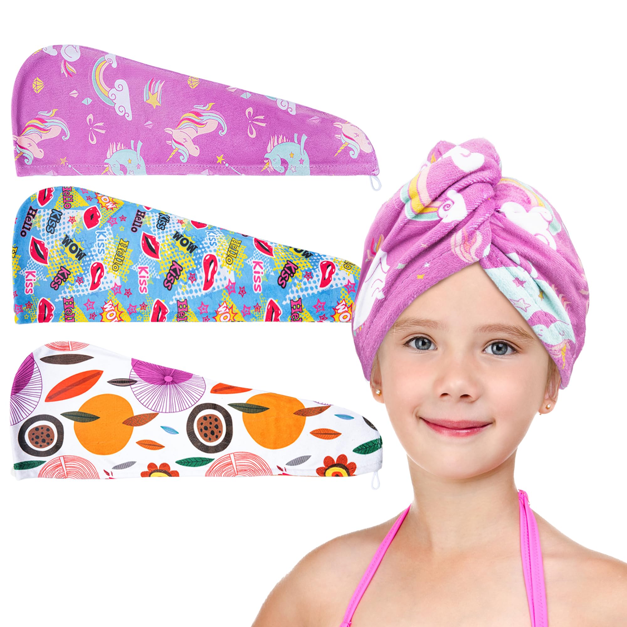 ELLEWIN Microfiber Hair Drying Towels for Kids, 3 Pack Wet Hair Towel Wrap Turban for Girls Children Women, Quick Dry Twisty Hai