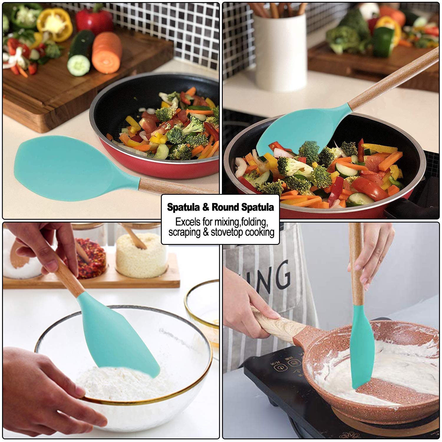 Silicone Kitchen Utensils Set - Heat Resistant Silicon Cooking Utensils, Wooden Handle Kitchen Utensil Set With Holder, Spoon Sp