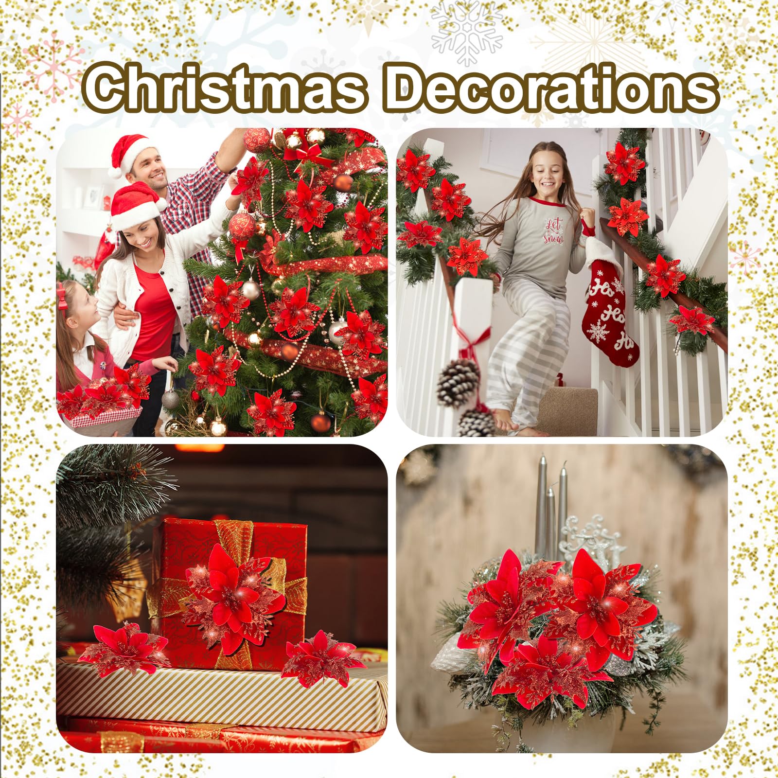 Cliselda 30Pcs Red Poinsettias Artificial Christmas Flowers with Clips, 5.5 Glitter Artificial Flower Poinsettia Decorations Chr