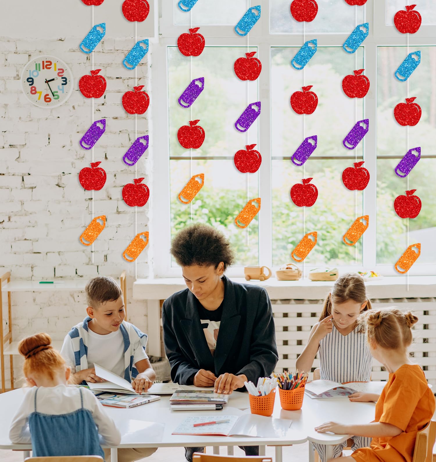 Bzbais 8 Pieces Welcome Back To School Apples Hanging Decorations Colorful Glittery Back To School Pencil Garlands Home Classroo