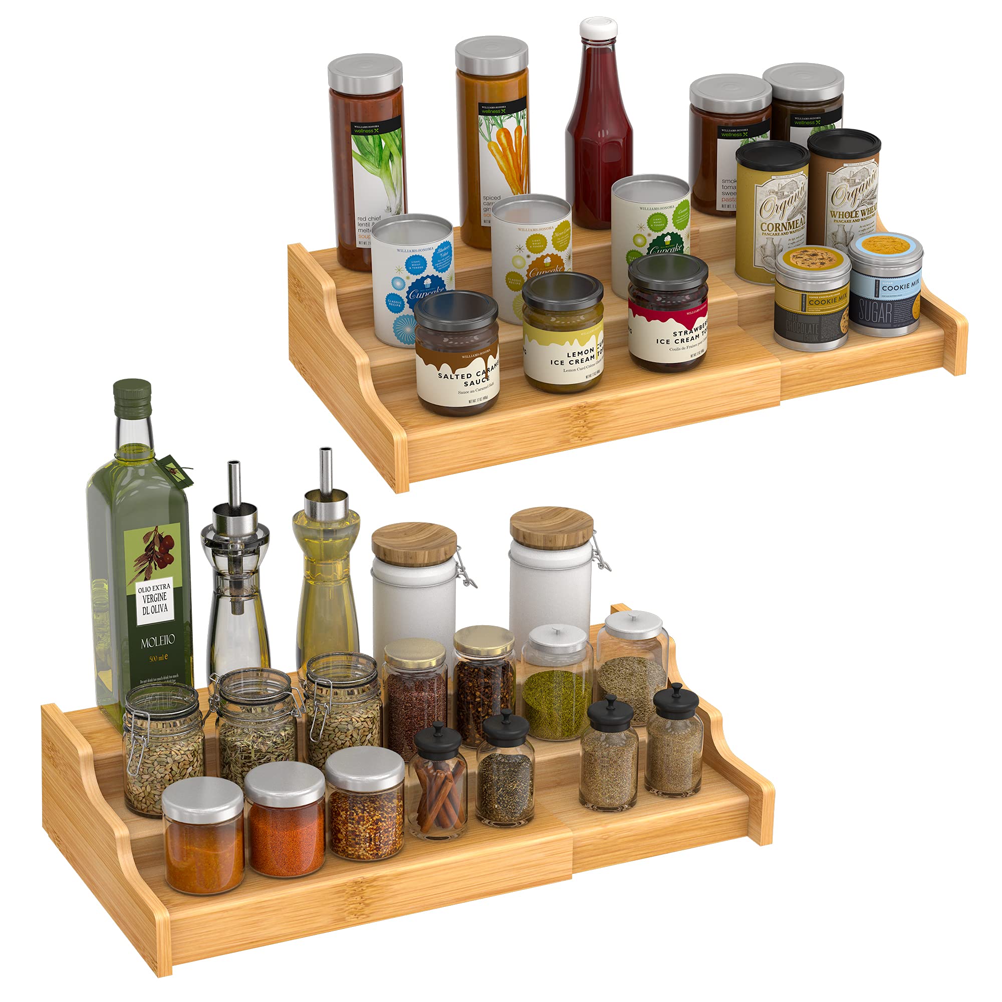 Ruichang 2Pcs 3 Tier Expandable Bamboo Spice Rack Seasoning Organizer For Cabinet Pantry Countertop Kitchen Step Shelf