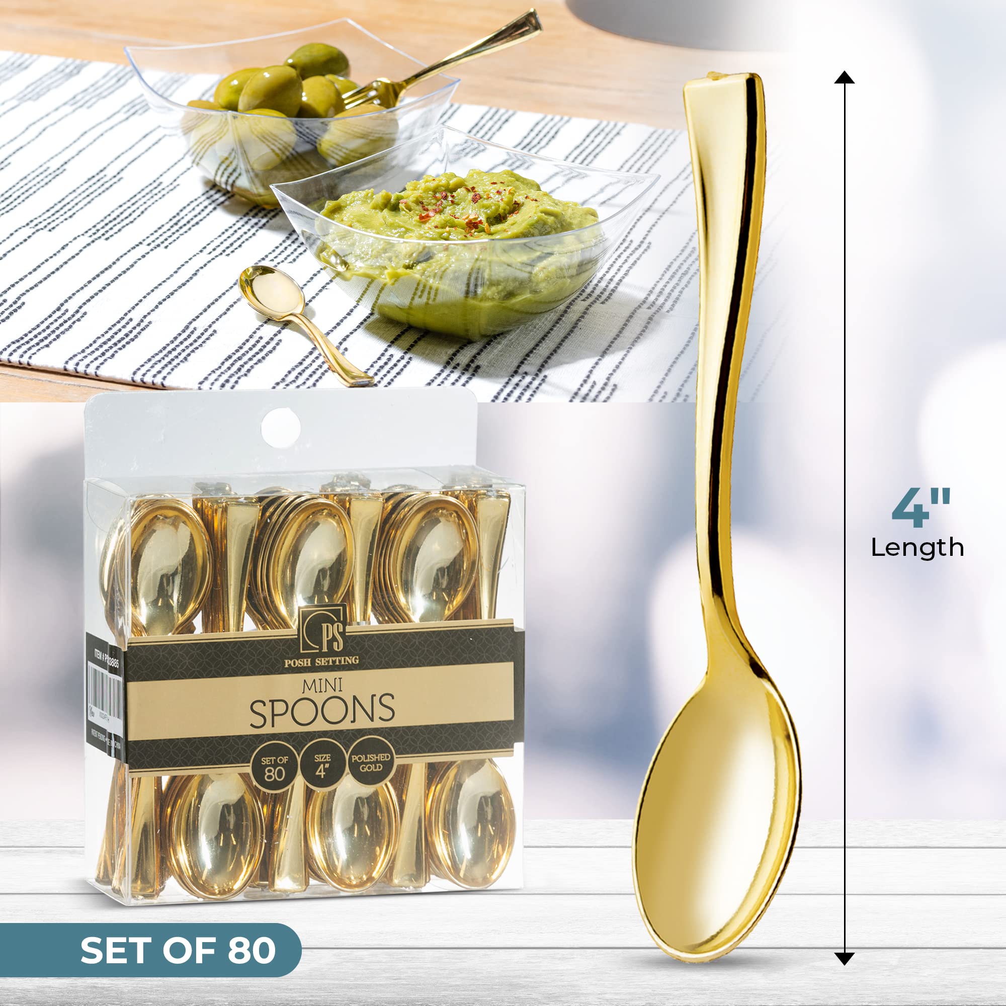 Gold Plastic Mini Dessert Spoons, Disposable Tiny Gold Spoons For Appetizers Tasting Posh Setting, 4 Inch 80 Count