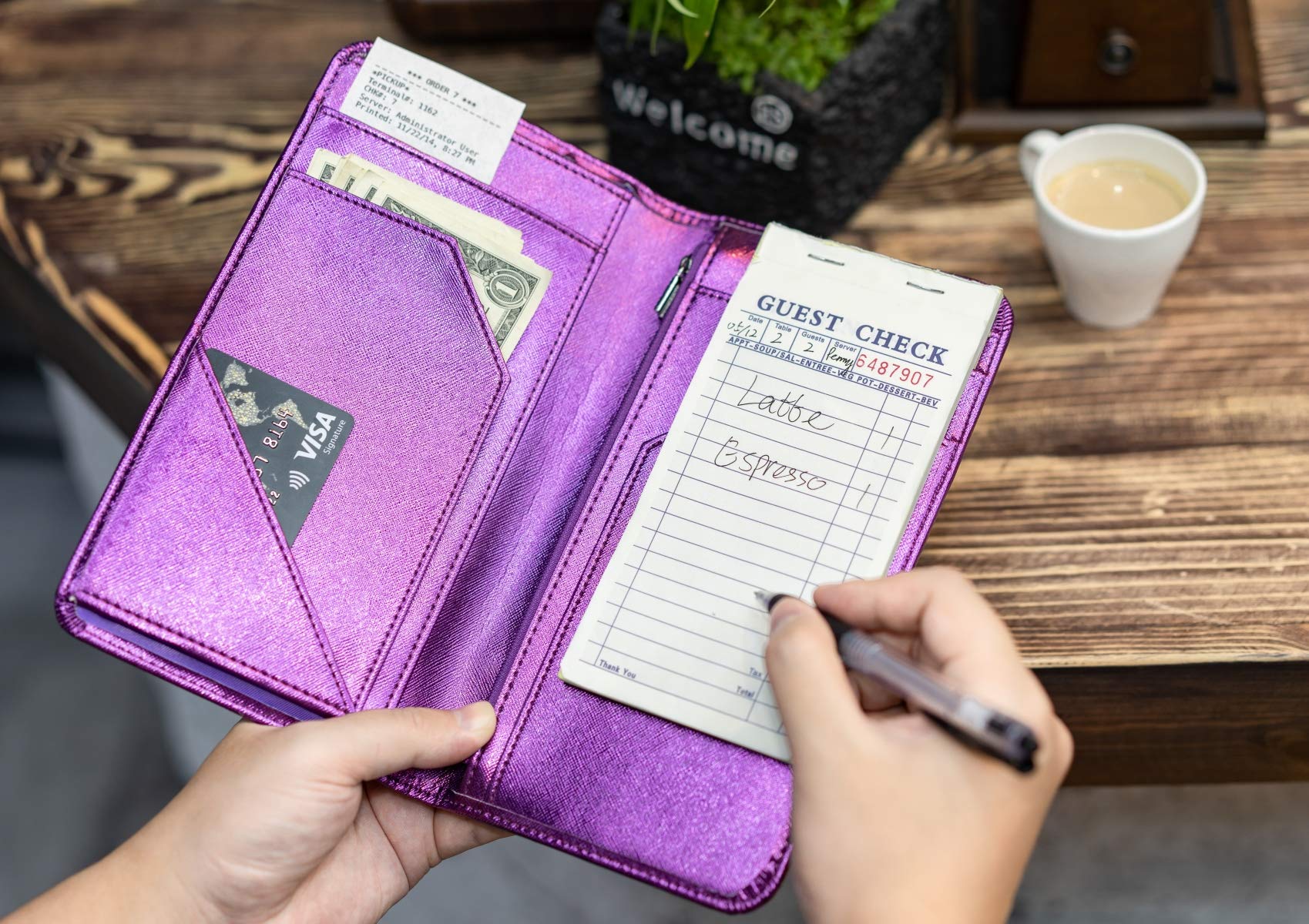 Mymazn 4.7 X 9 Metallic Purple Server Book with Zipper Pocket Bling Waitress Book with Money Pocket and Magnetic Closure  Restaurant Waitstaff Organizer Fit Server Apron with High Volume Pocket