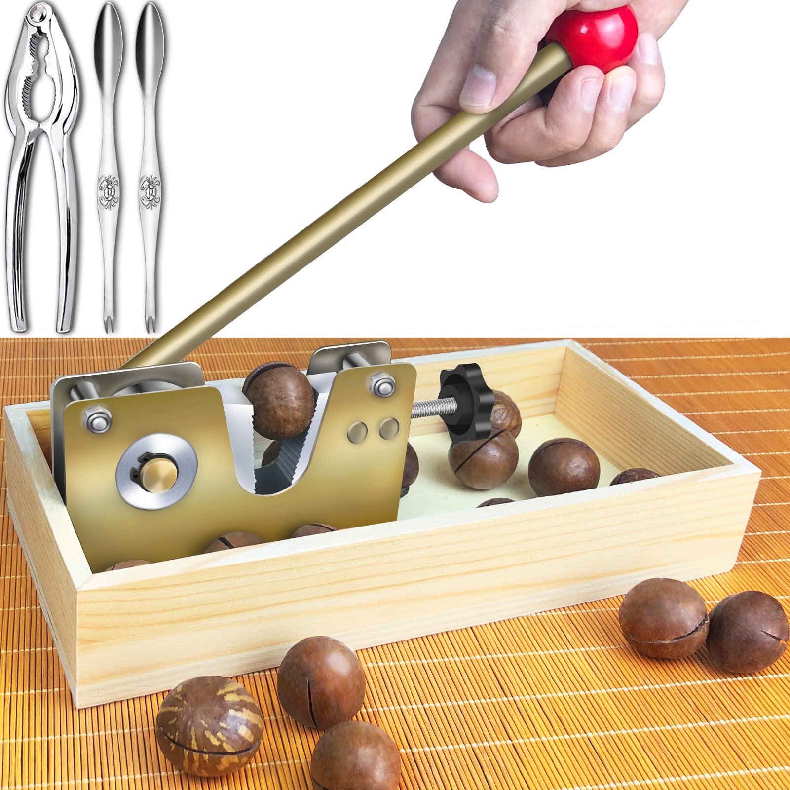 Artcome Heavy Duty Macadamia Nut Cracker Tool With 1 Crab Cracker, 2 Wide Crab Forks, Wood Handle Base With Rectangular Wooden B