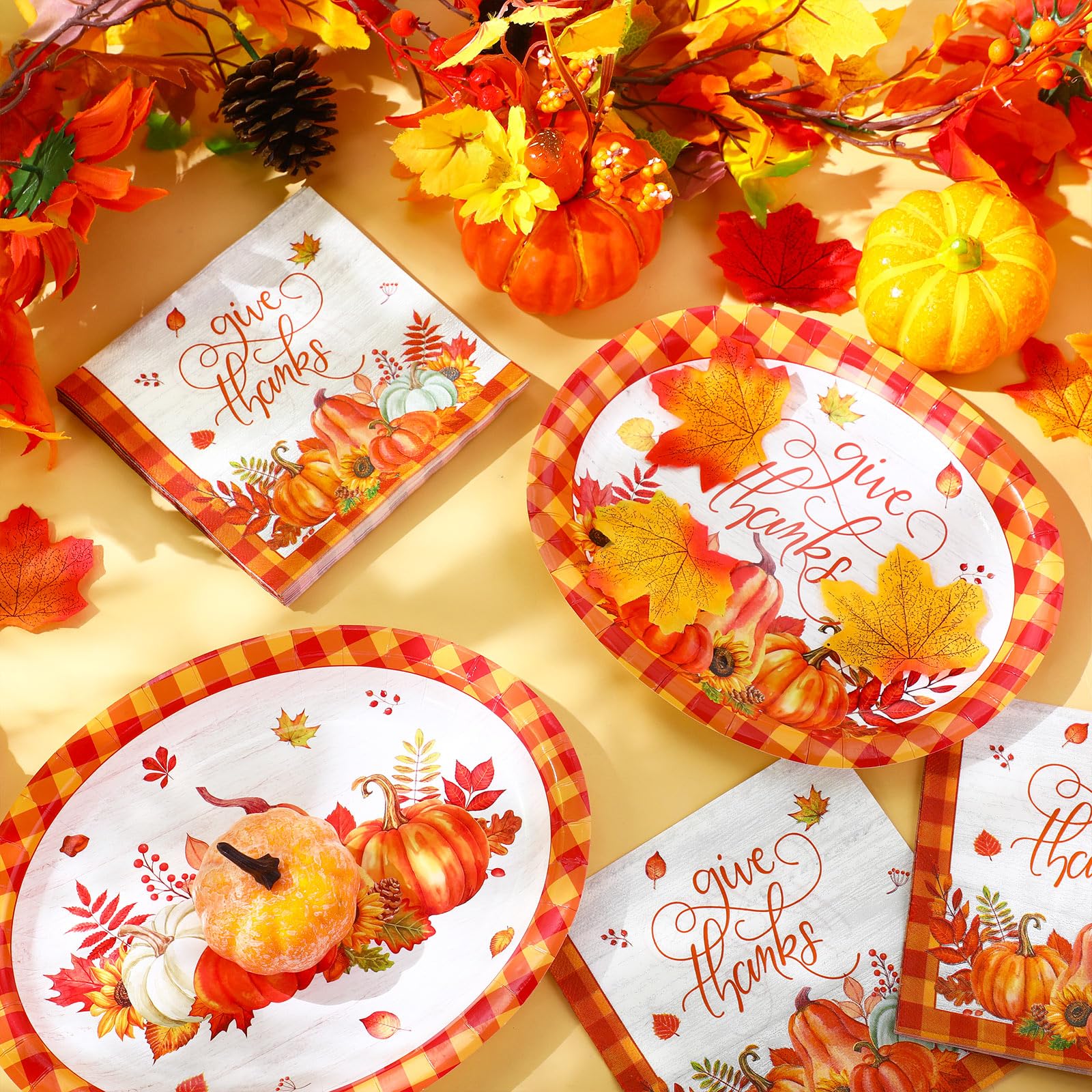 Mimorou 100 Pcs Thanksgiving Oval Paper Plates and Napkins Set-Serves 50, Disposable Fall Party Supplies Black Plaid Pumpkin Pla