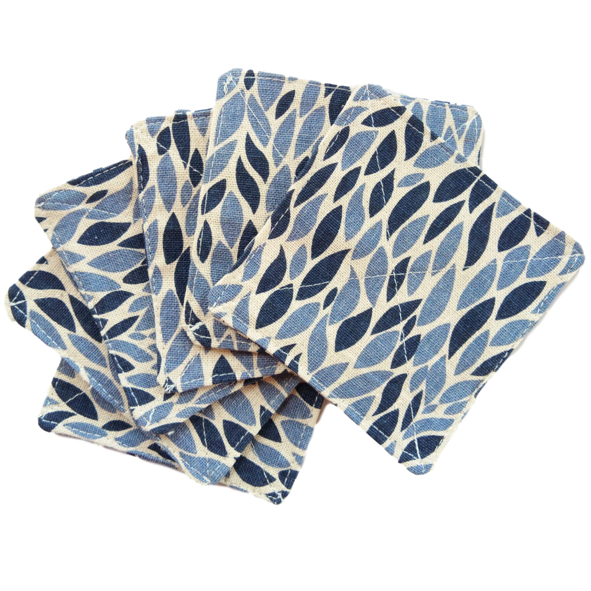 Cushystore 6 Pcs 2 Layers 100% Cotton Coaster Navy Blue Leave Grains Saucer Absorbant Mat Pad Fabric For Glass Cup Drink Square