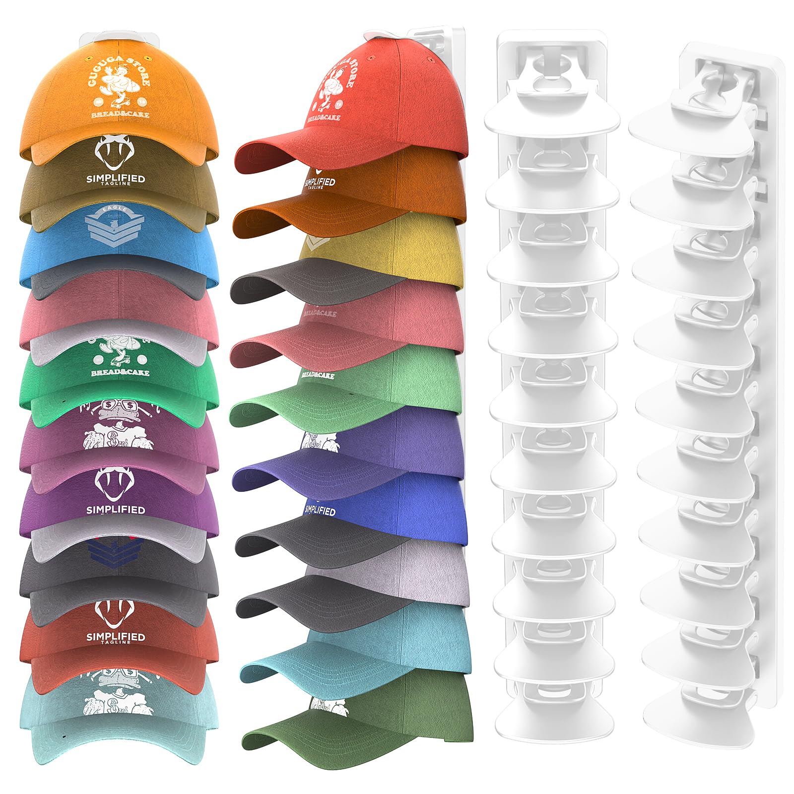 Hat Organizer for Baseball Caps Hold Up to 40 Hats, 2 Pack Hat Rack for Wall, Strong Adhesive Hat Storage Display Holder(White-2