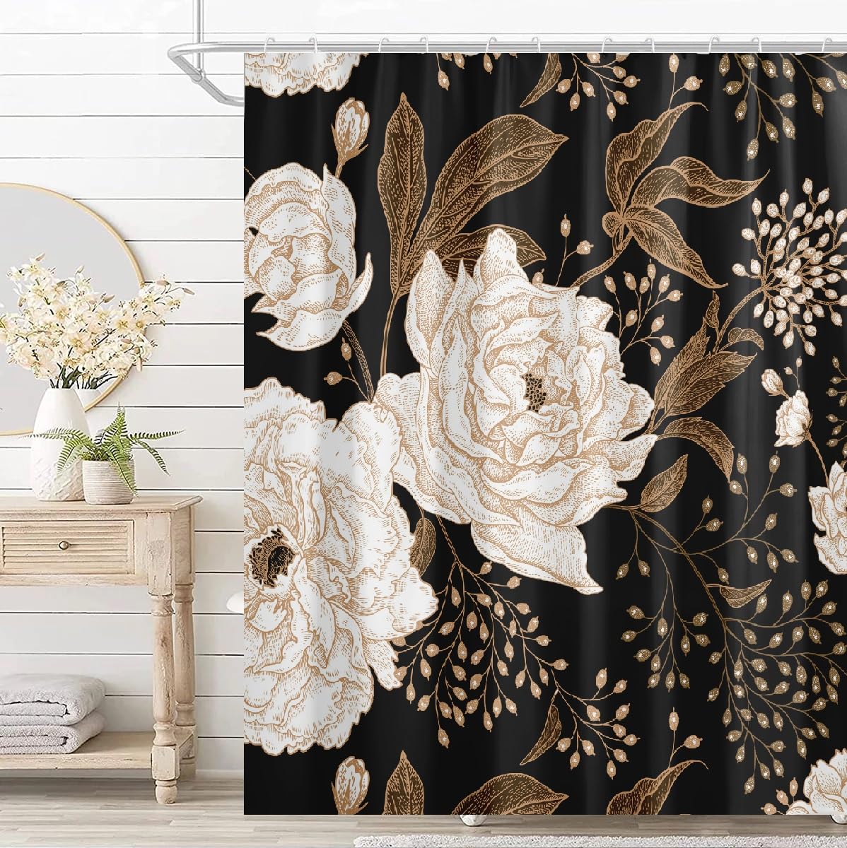 Bivinar Extra Long Black Gold Floral Shower Curtain 72 X 84 Inch, Black Flowers Bathroom Shower Curtain, Fabric Waterproof Showe