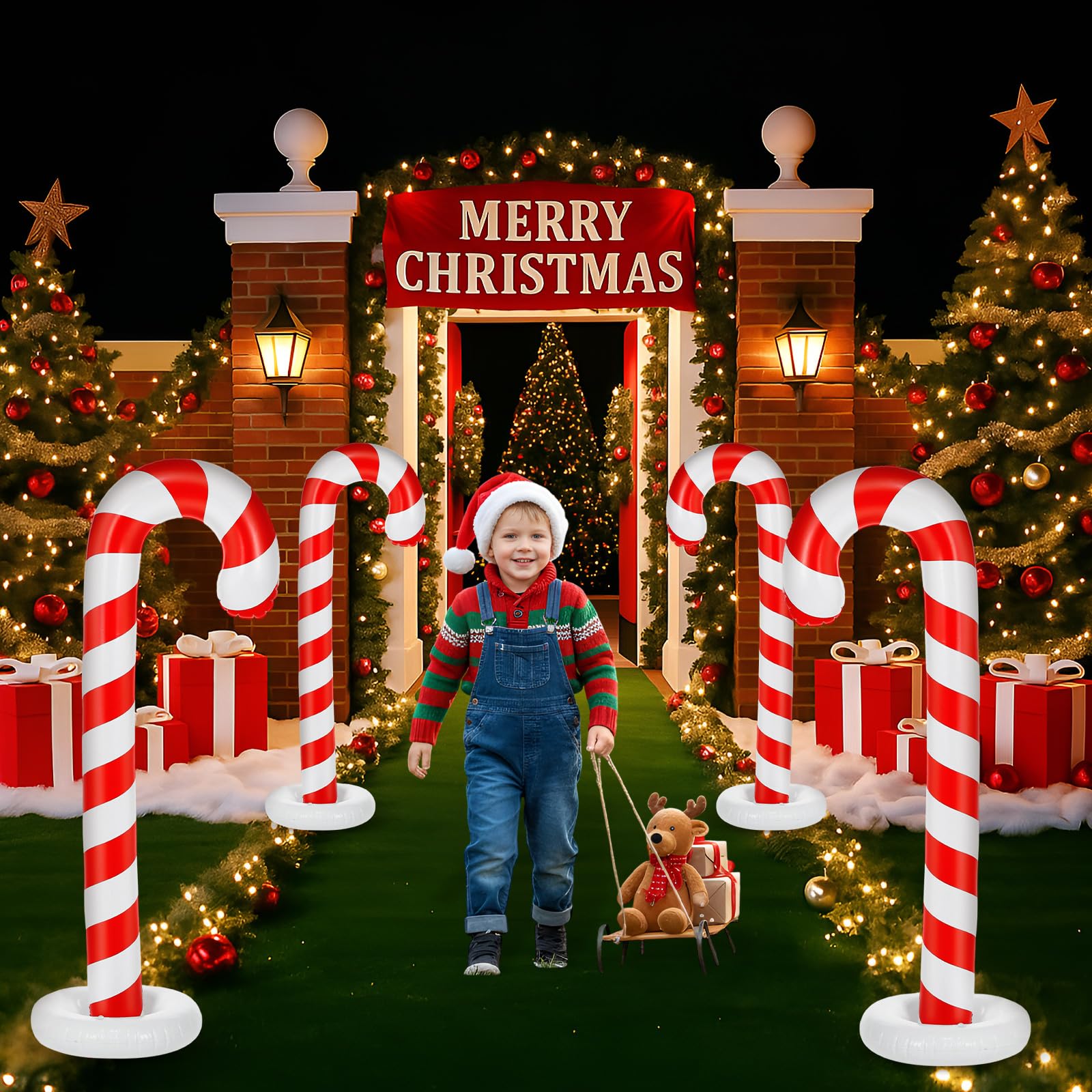 Simgoing 4 Pack 5ft Christmas Inflatable Candy Canes Outdoor Decorations, PVC Xmas Candy Canes Inflatable Column for Holiday Ind
