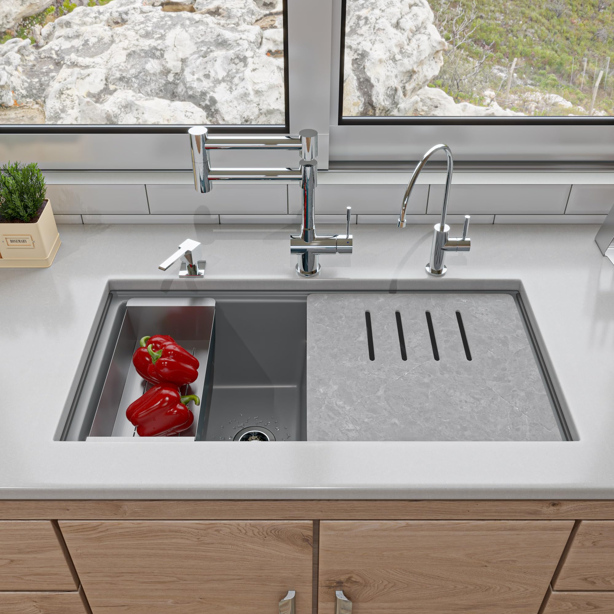 Alfi Brand Ab3418Dbum-T Titanium 33'' Granite Composite Workstation Step Rim Double Bowl Undermount Sink With Accessories