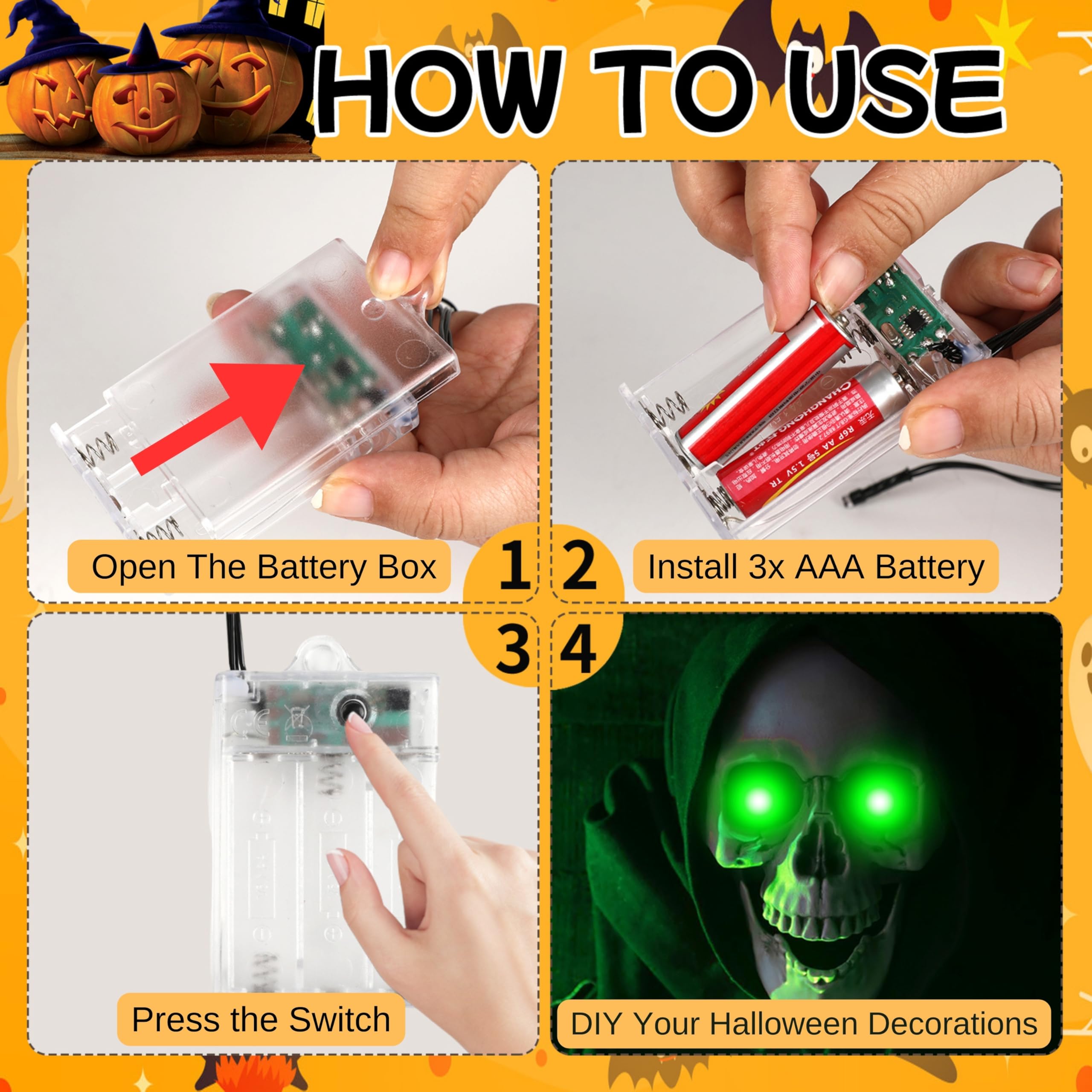 4 Pack Halloween Decoration LED Glowing Light Up Skulls Eyes, Horror DIY Glowing Eyes Lights Battery Operated for Halloween Deco