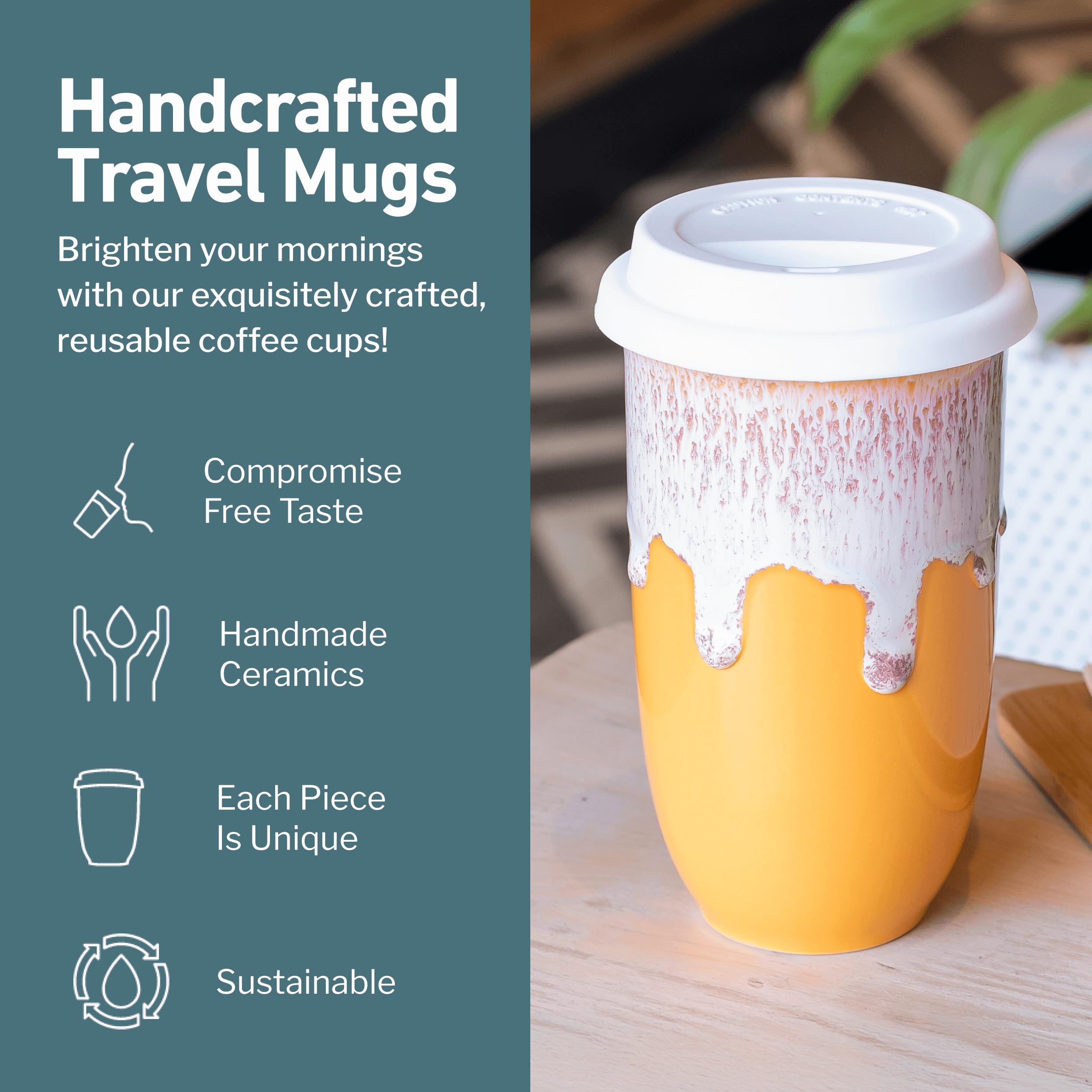 NOVA CERAMICS Ceramic Tumbler- Ceramic Travel Mug With Lid - Microwave & Dishwasher Safe Coffee White & Orange Tumbler - Gifts F