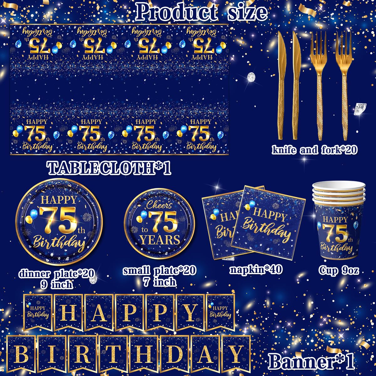 75Th Birthday Decoration Men-142Pcs Navy Blue And Gold Birthday Tableware Set(Serve For 20) Include Happy 75Th Birthday Banner P