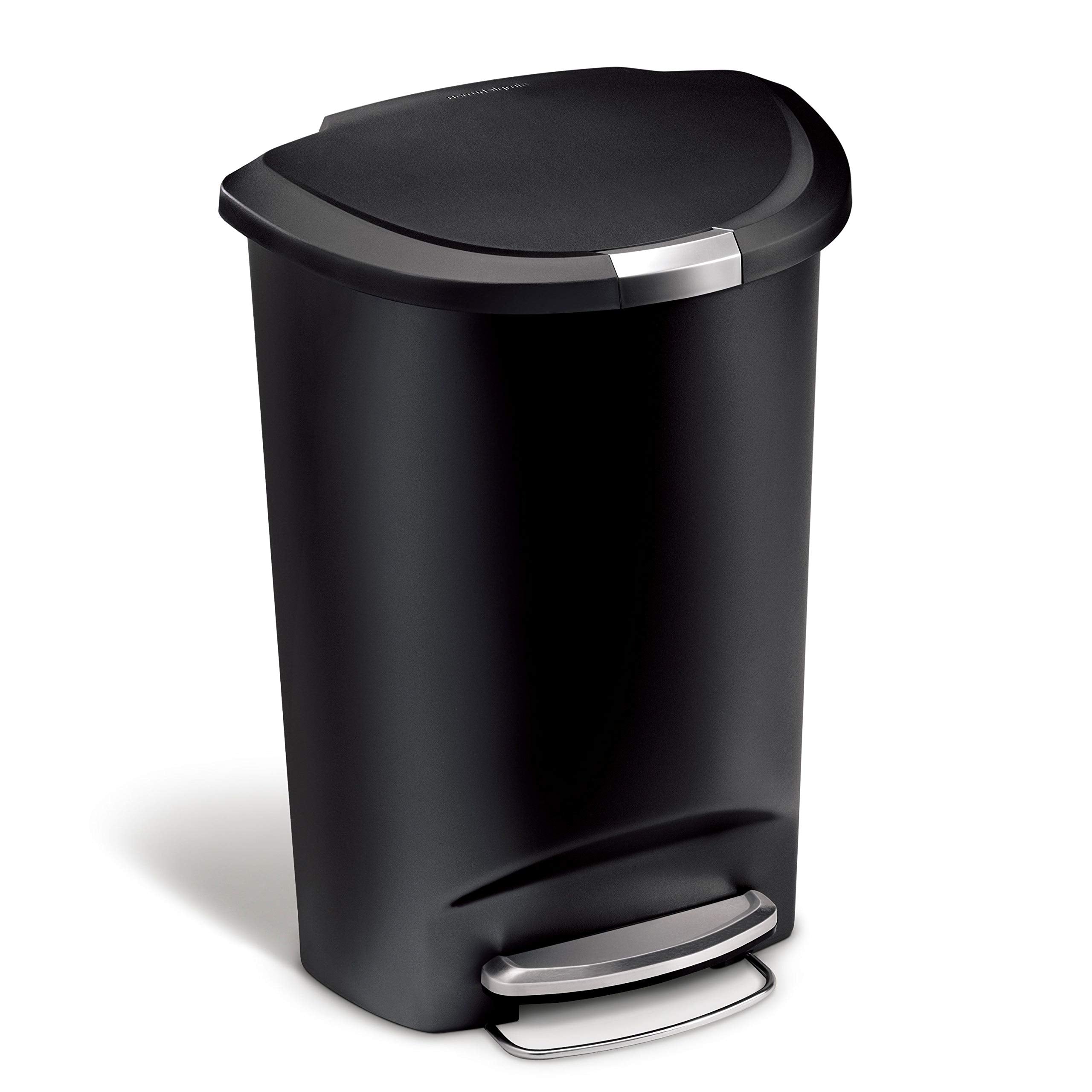 Simplehuman 50 Liter / 13 Gallon Semi-Round Kitchen Step Trash Can With Secure Slide Lock, Black Plastic