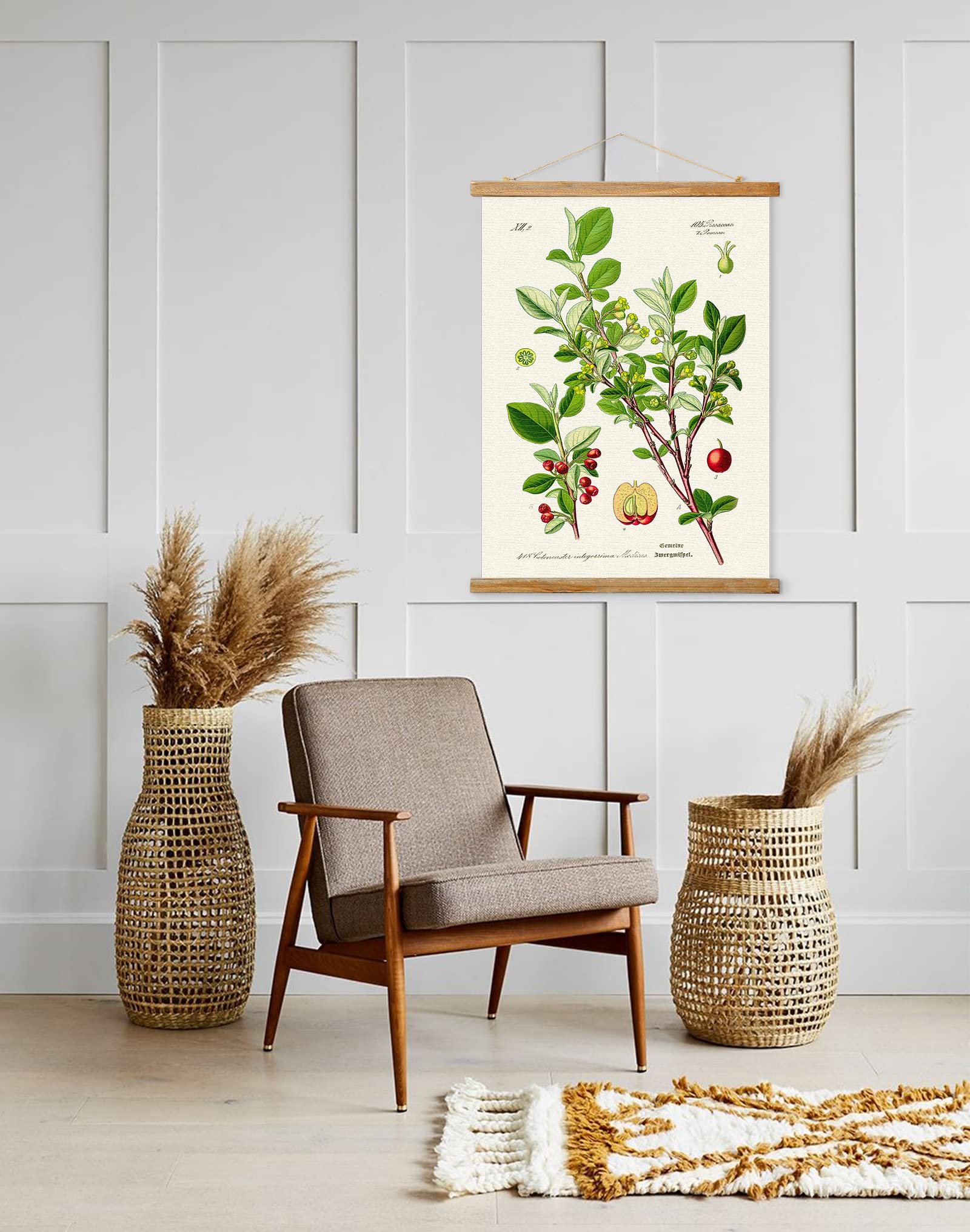 Vintage Illustrative Reference Plant Poster Hanger Frame, Retro Style Wall Art Prints, Printed On Linen With Natural Wooden Fram