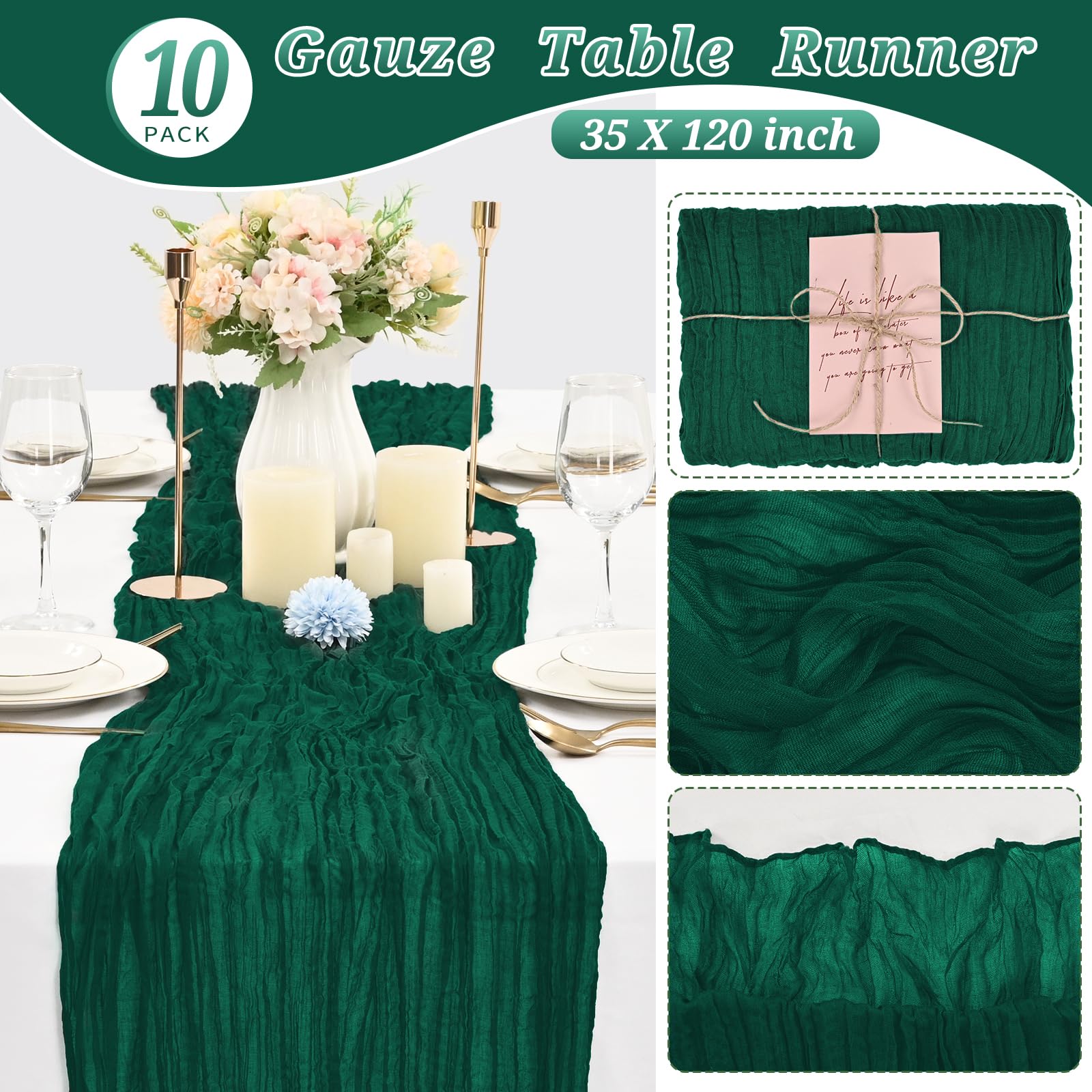 10 Pcs Dark Green Cheesecloth Table Runner 10Ft, Gauze Table Runner For Wedding Reception Sheer Bridal Shower Birthday Party Boh