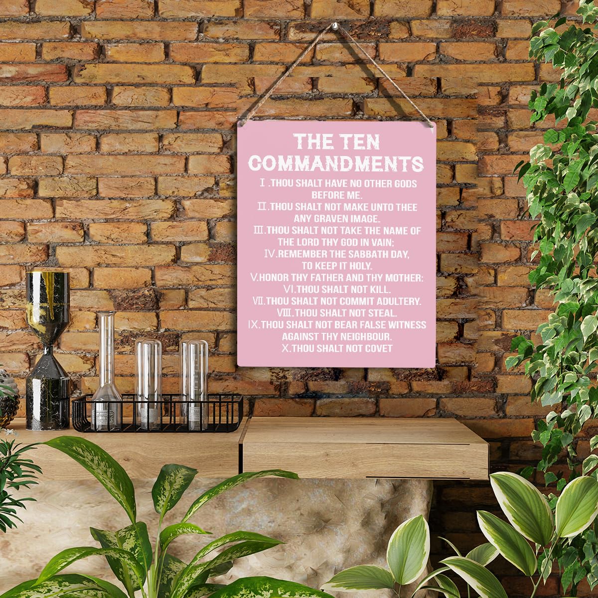 YCYD Ten Commandments Desk Decor Poster, Christian Bible Verse Religious Home Rustic Wooden Box Sign for Living Room Bedroom Off
