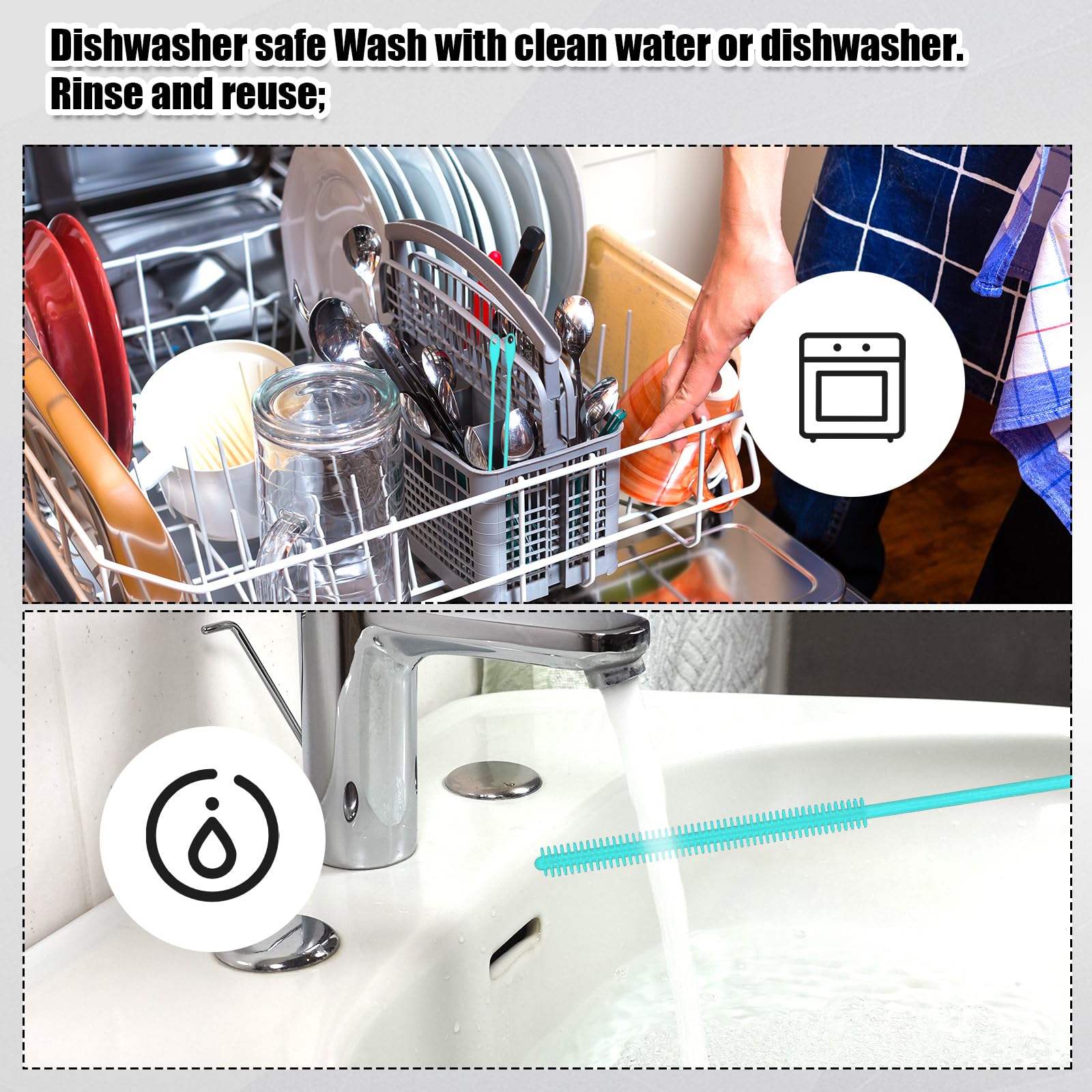 2Pcs Silicone Straw Brushes, 6Mm+8Mm Extra Long Straw Cleaning Brush Reusable Bottle Straw Washing Tool With Hanging Ring Bendab