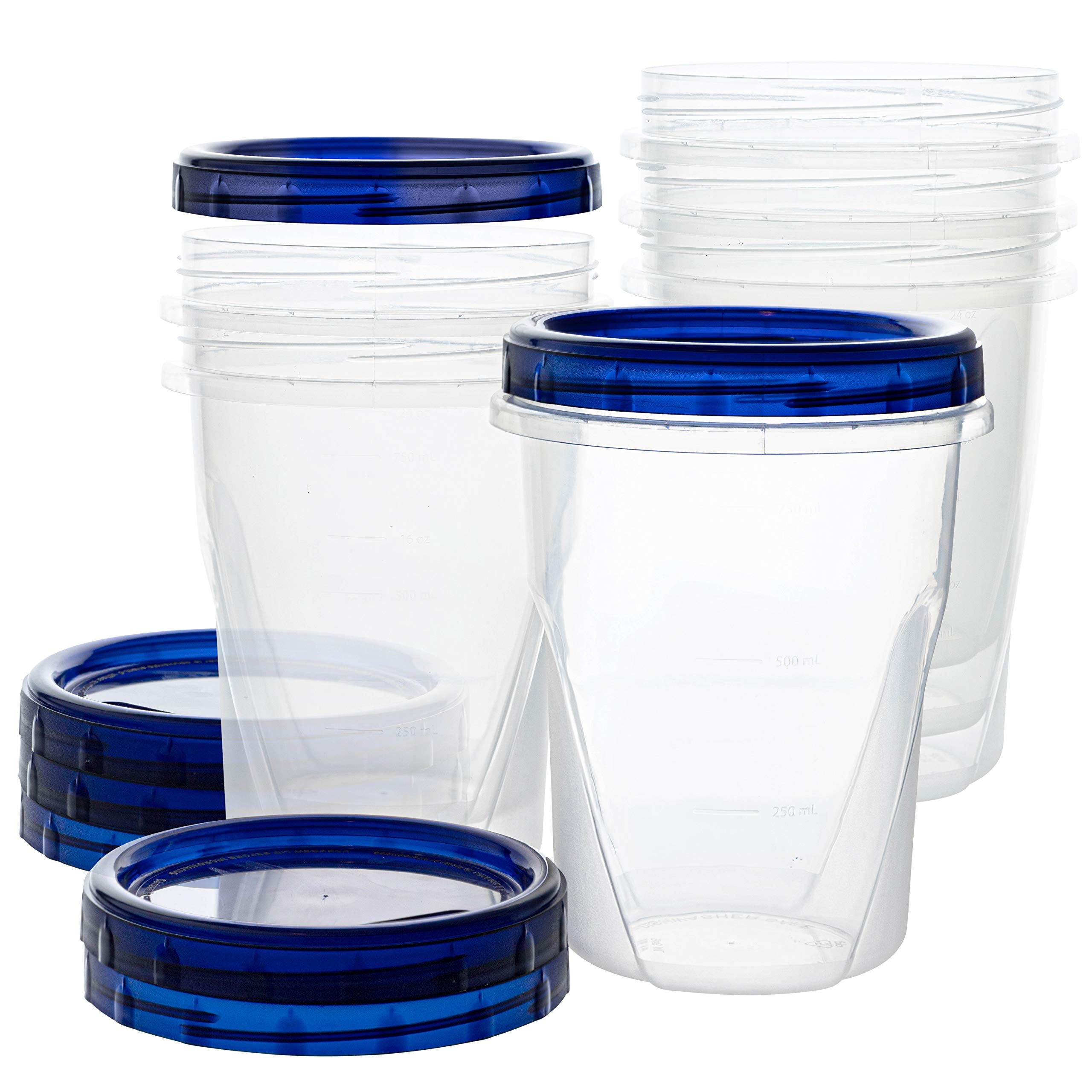 Plasticpro Food Storage Freezer Deli Containers Clear Bottom With Blue Top Twist On Lids Reusable, Stackable,[32 Oz 6 Pack]