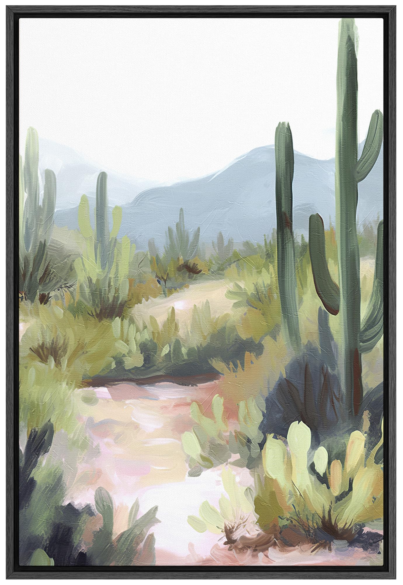 Signford Framed Canvas Print Wall Art Peaceful Desert Trail With Greenery And Cacti Nature Wilderness Illustrations Modern Art D
