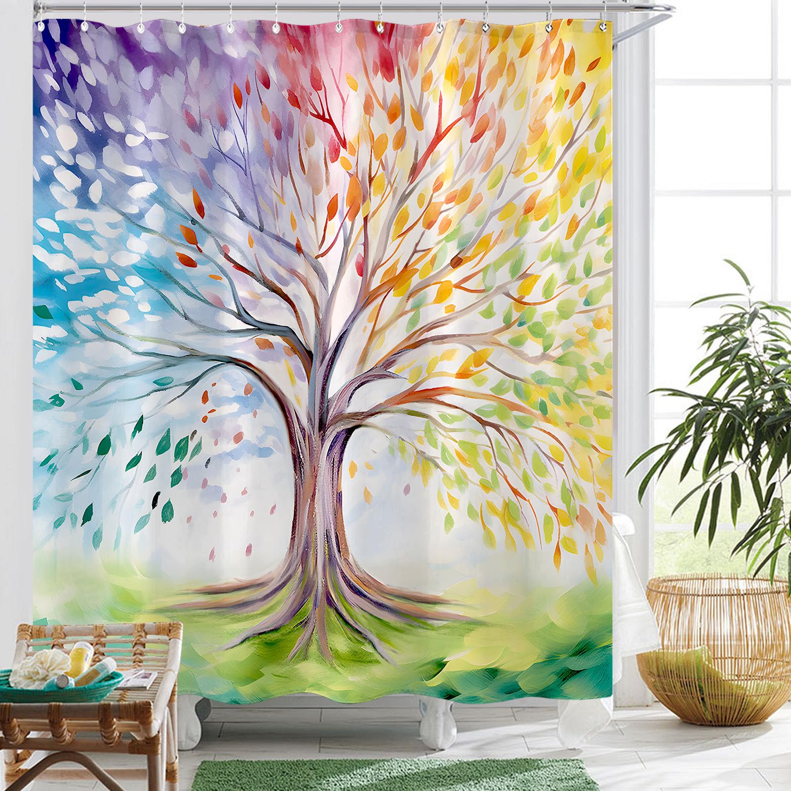 Fungarth Colorful Tree Shower Curtain Abstract Aesthetic Oil Painting Shower Curtains For Bathroom Pretty Cute Nature Art Waterp