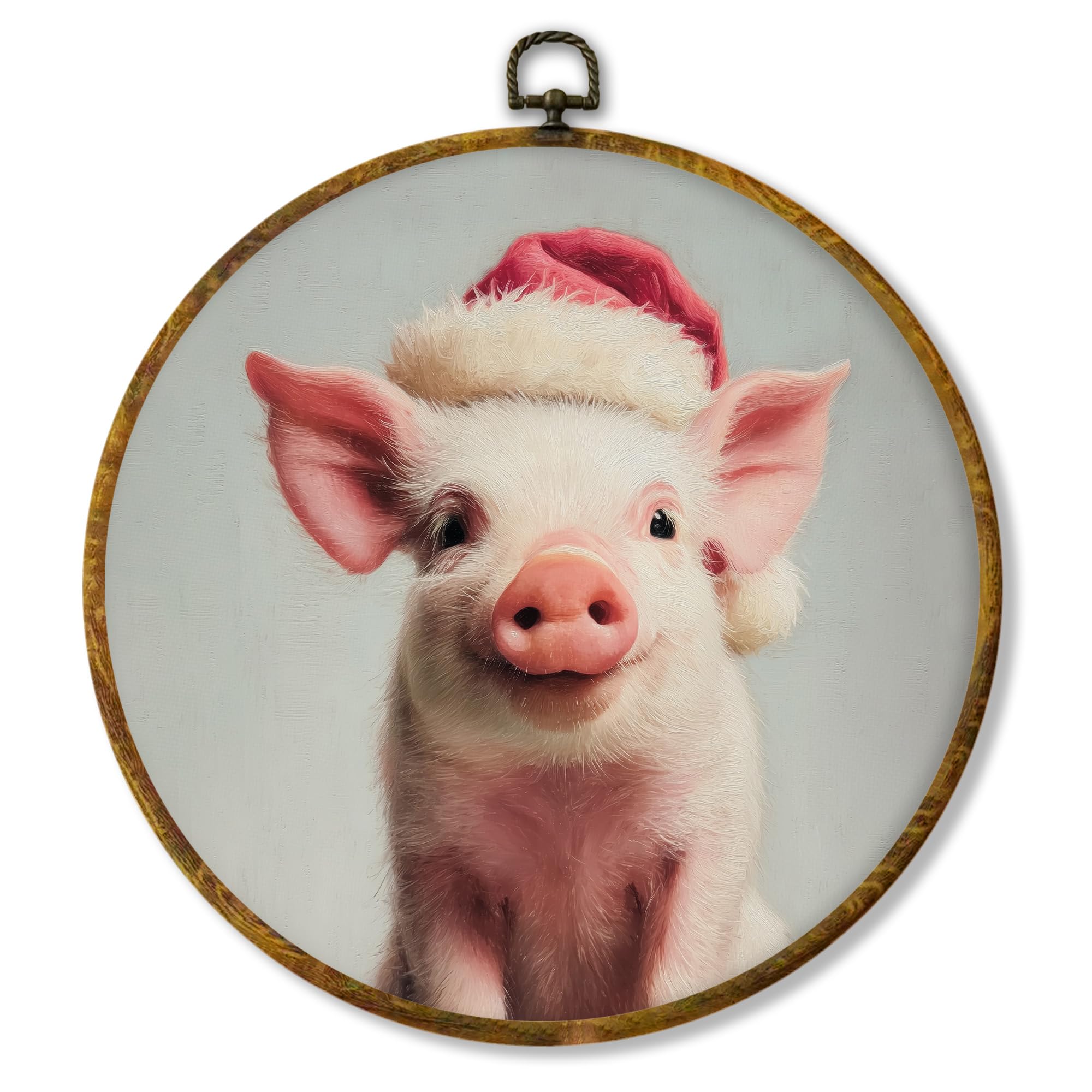 Hiuwevt Moody Christmas Pig Round Wall Art Decor, Rustic Christmas Santa Animals Framed Canvas Prints, Farmhouse Xmas Round Wall