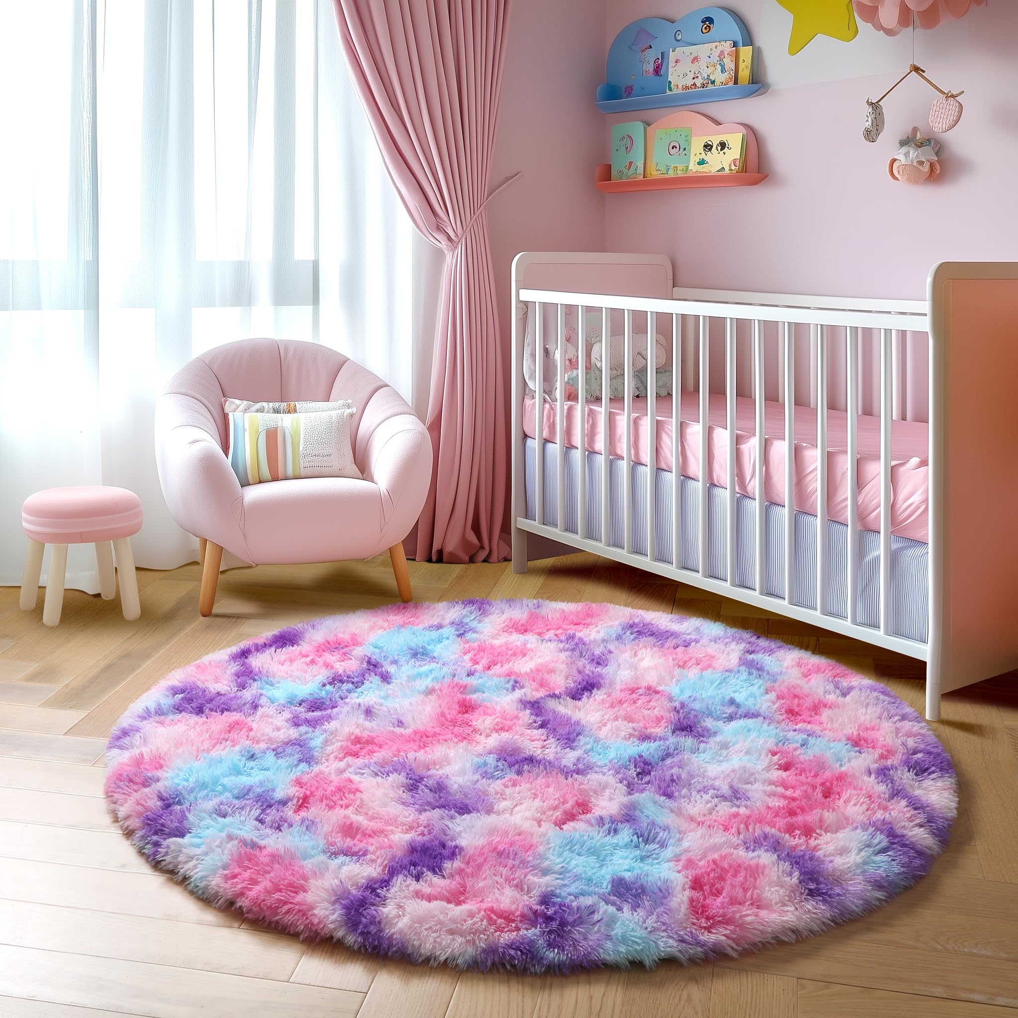 Amdrebio Hot Pink Rainbow Round Circle Area Rug 6Ft for Girls Bedroom, Large Fluffy Cute Fuzzy Colorful Pastel Kids Rugs for Nur