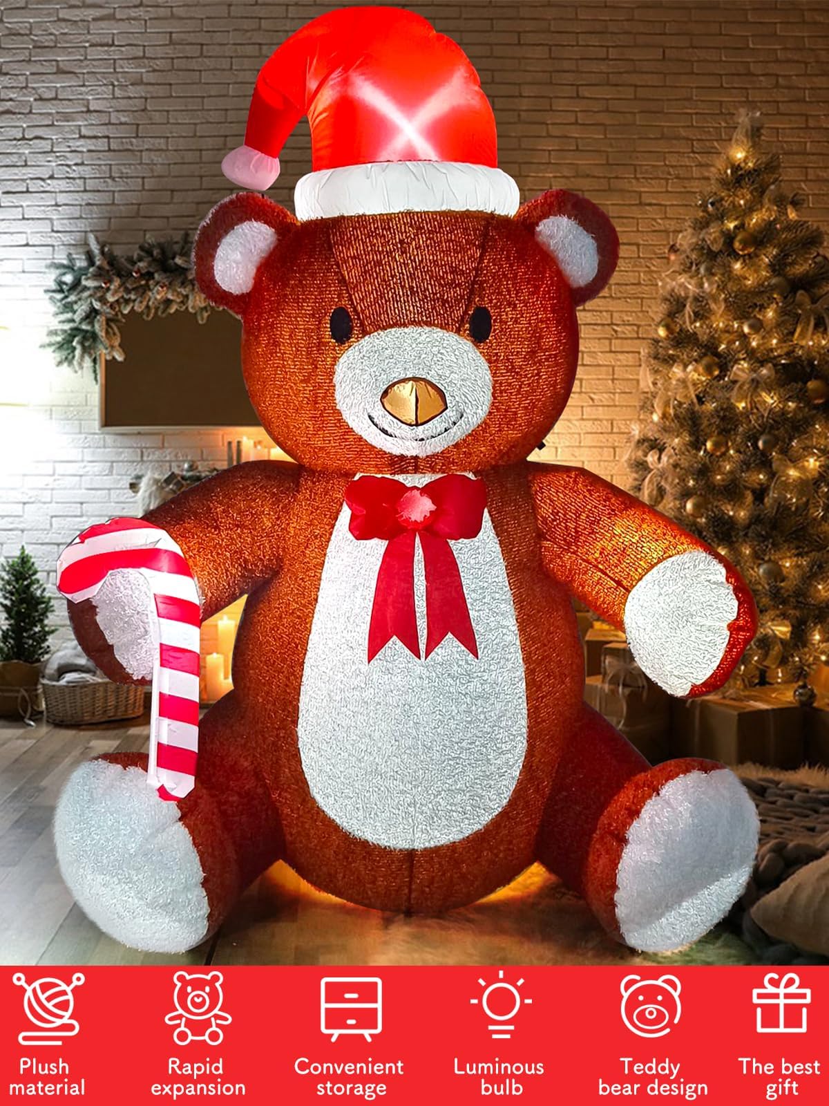 Kalolary Fluffy Bear Inflatable with LED Light, Christmas Blow Up Indoor Decoration, Xmas Teddy Yard Inflatable for Holiday Fami