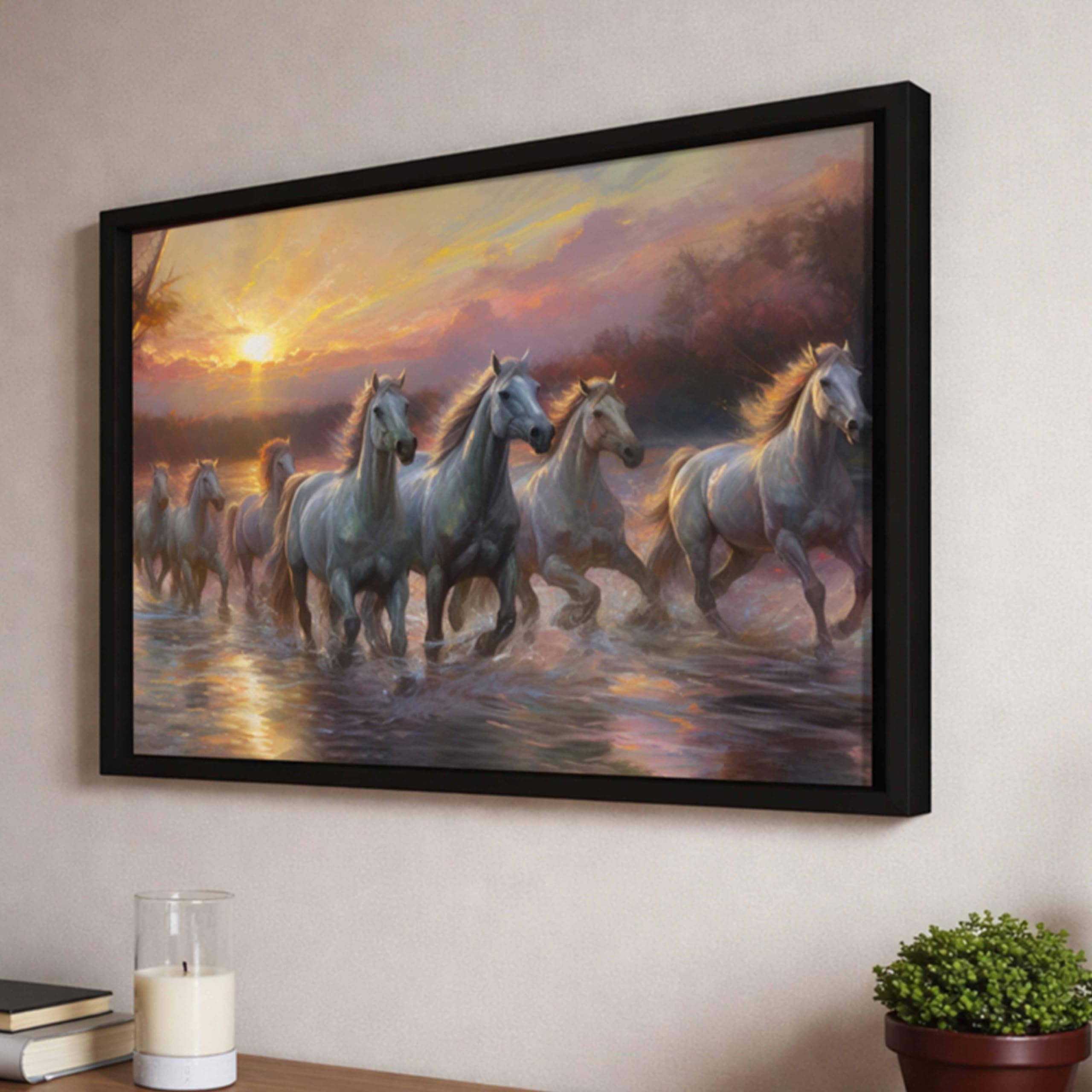 7 Running Horses Vastu Framed Wall Art Painting For Living Room |Seven Running Horses Painting With Frame Symbol Of Success & Po
