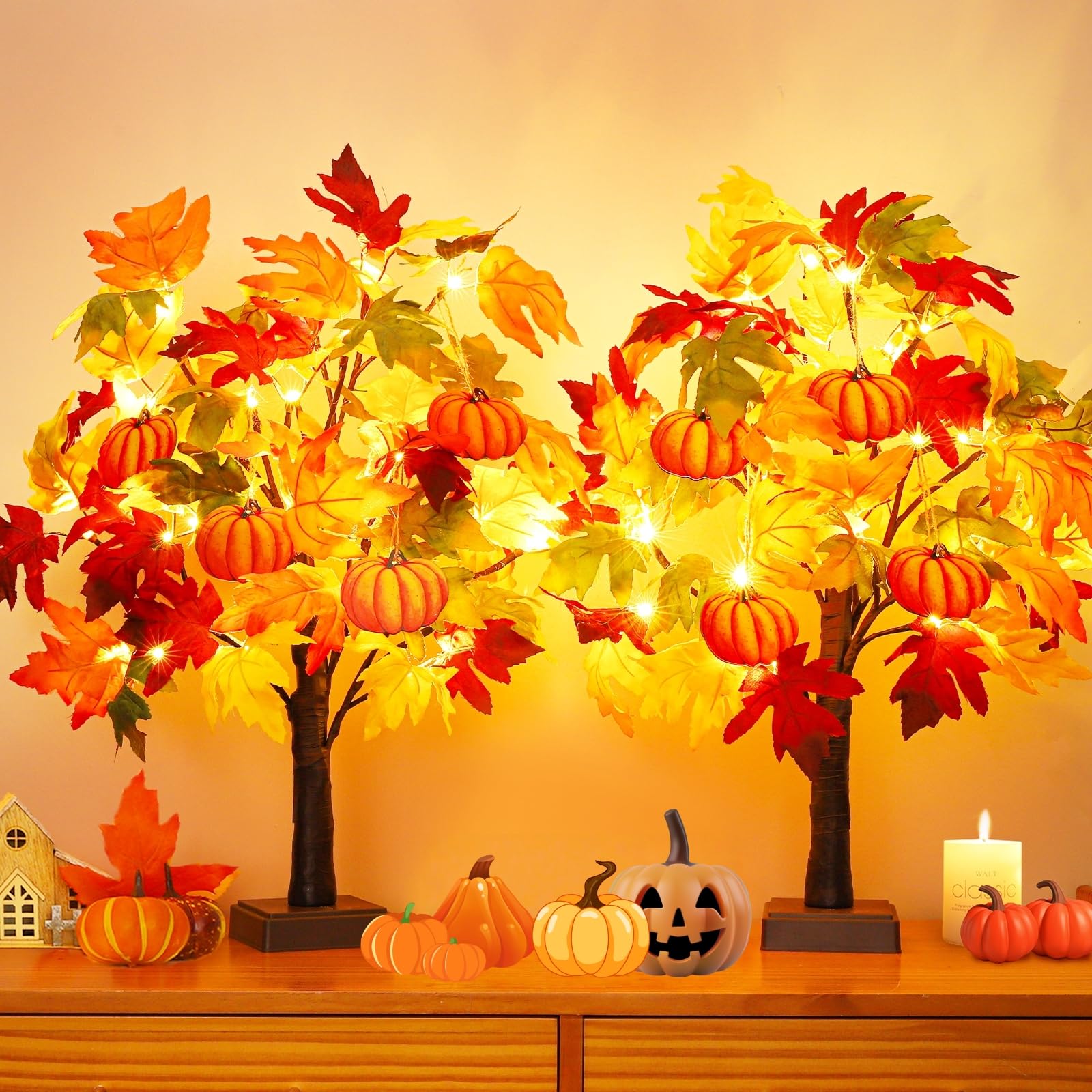 Fall Decor 2 Pack 24 Inch Lighted Fall Maple Tree Fall Decorations for Home,Tabletop Fall Trees 48 LEDs Battery Powered with 8pc