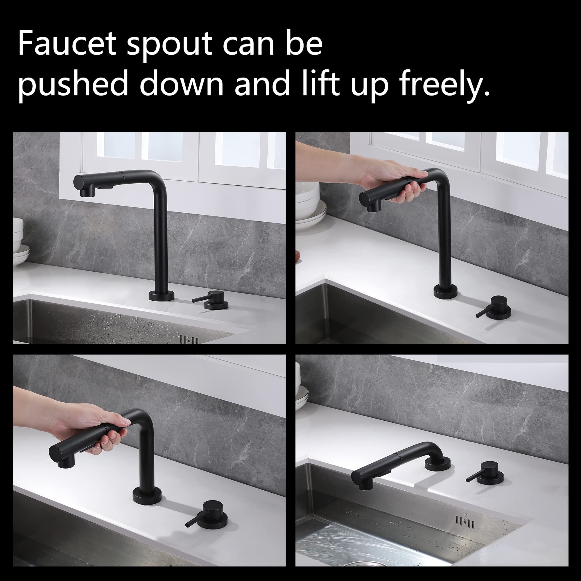 SUMERAIN 2 Hole Kitchen Sink Faucet with Pull Out Sprayer  Black Kitchen Faucet with Side Single Handle  Front Window