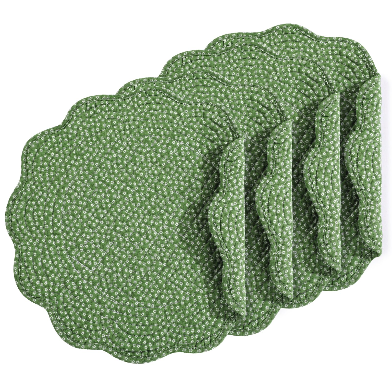 Hombys Quilted Placemats Set Of 4 Washable Round Placemats For Kitchen Table-100% Cotton Fabric Round Table Mats, (Green With Wh